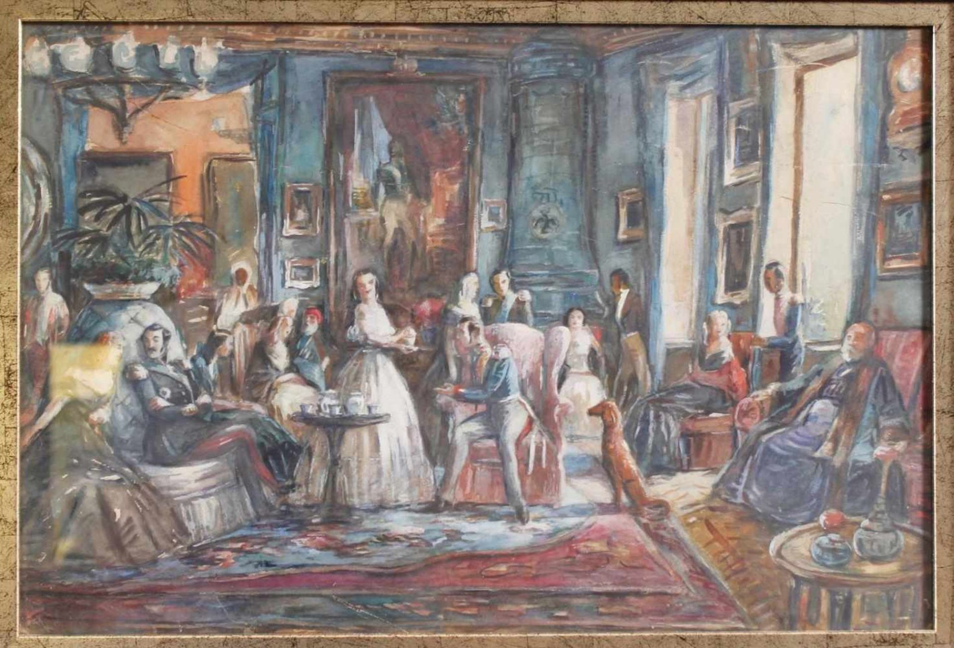 Kaiser Franz Joseph mit Gästen beim Tee, um 1914Gouache auf Malkarton, Hinter Glas gerahmt. Maße ca. - Bild 2 aus 2