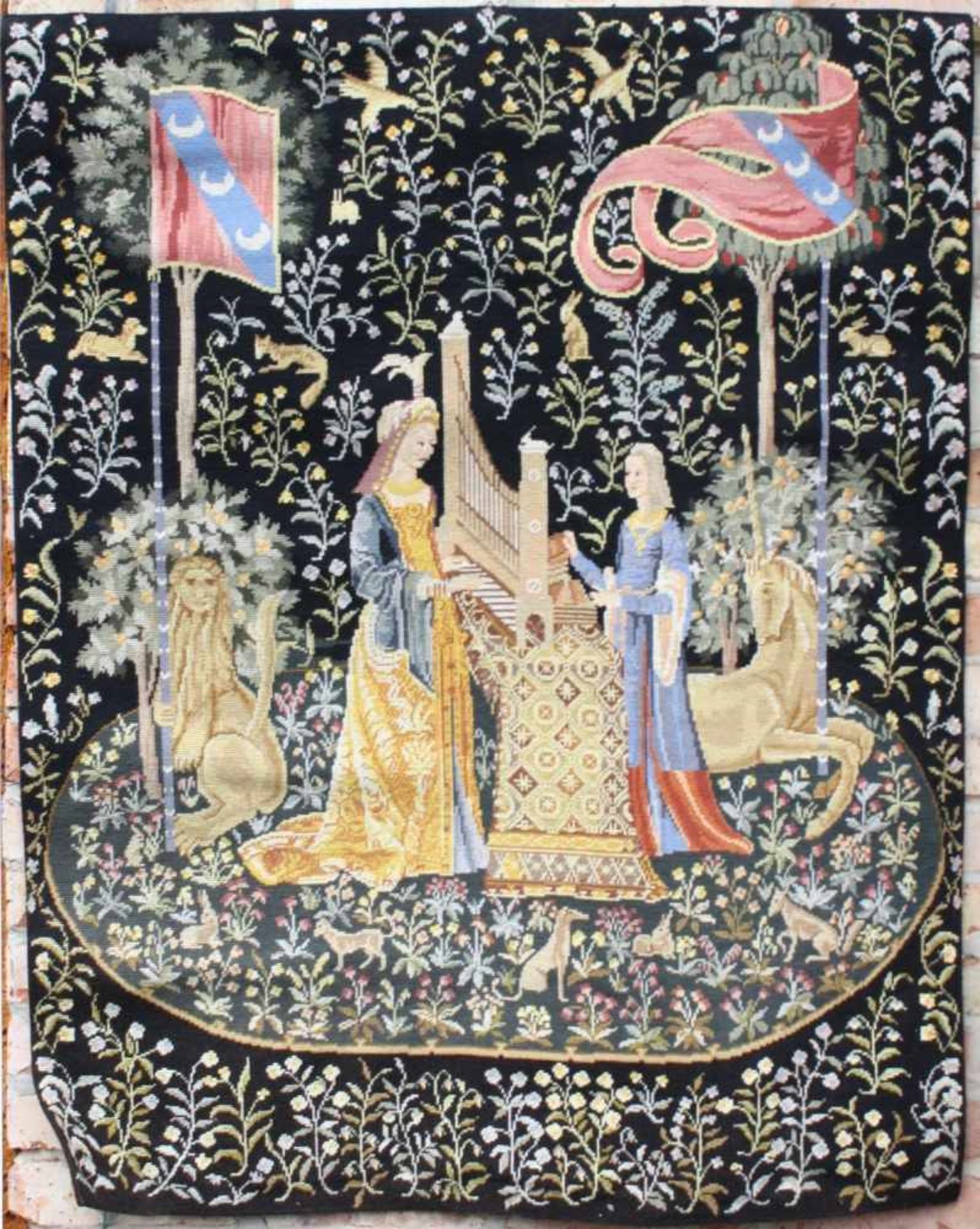 Gobelin-Stickerei, "Die Dame mit dem Einhorn"Motiv nach mittelalterliche Vorlage gearbeitet, "Der