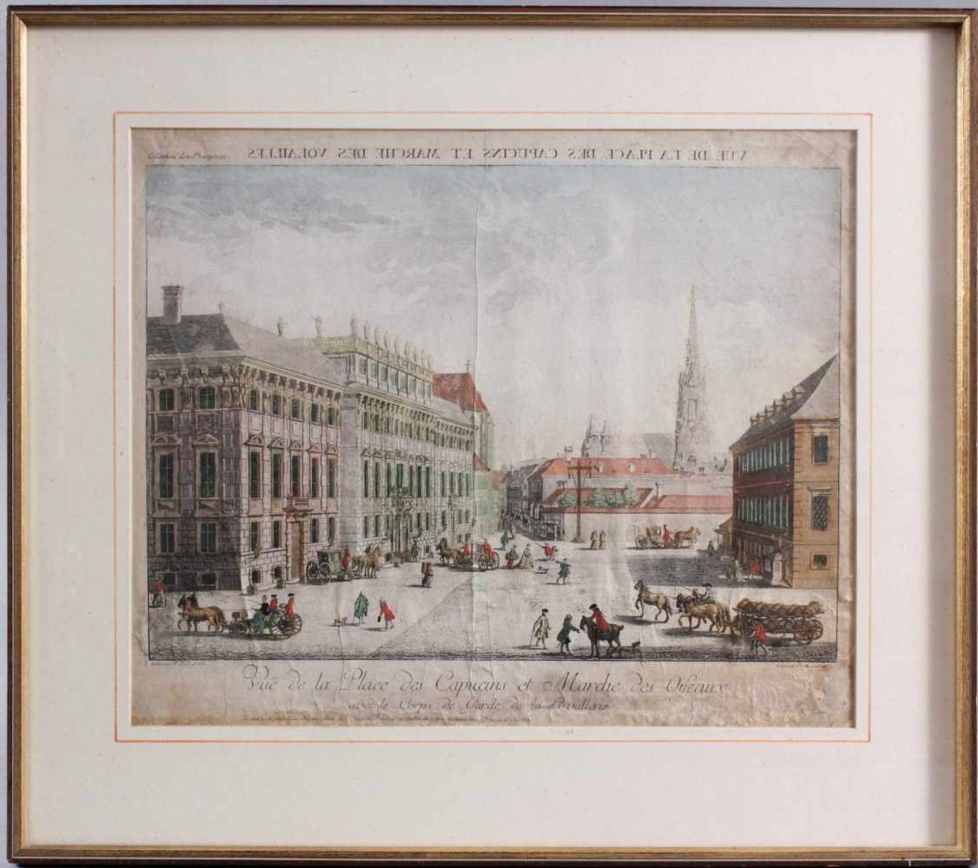 Kupferstich aus dem 18. Jh. Vue de la Place des Capucins et Marce des Oifeaux, BordeauxKolorierter