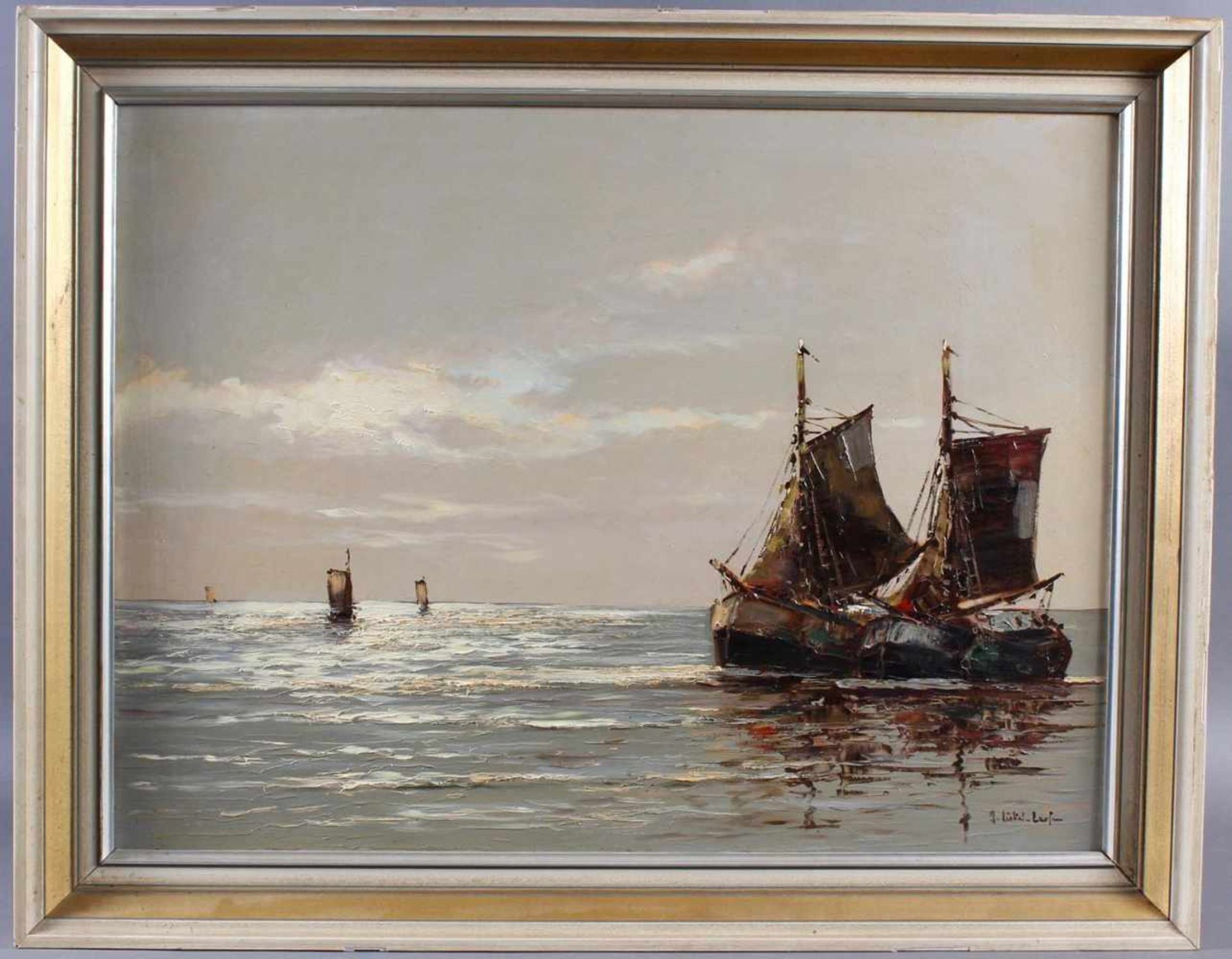 Meereslandschaft mit SegelbootenÖl auf Leinwand, unten rechts signiert, ca. 59 x 69 cm, Rahmen 93