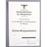 Urkunde zum Flotten-KriegsabzeichenKreutzer Lützow, datiert 20. November 1941, Autograph von