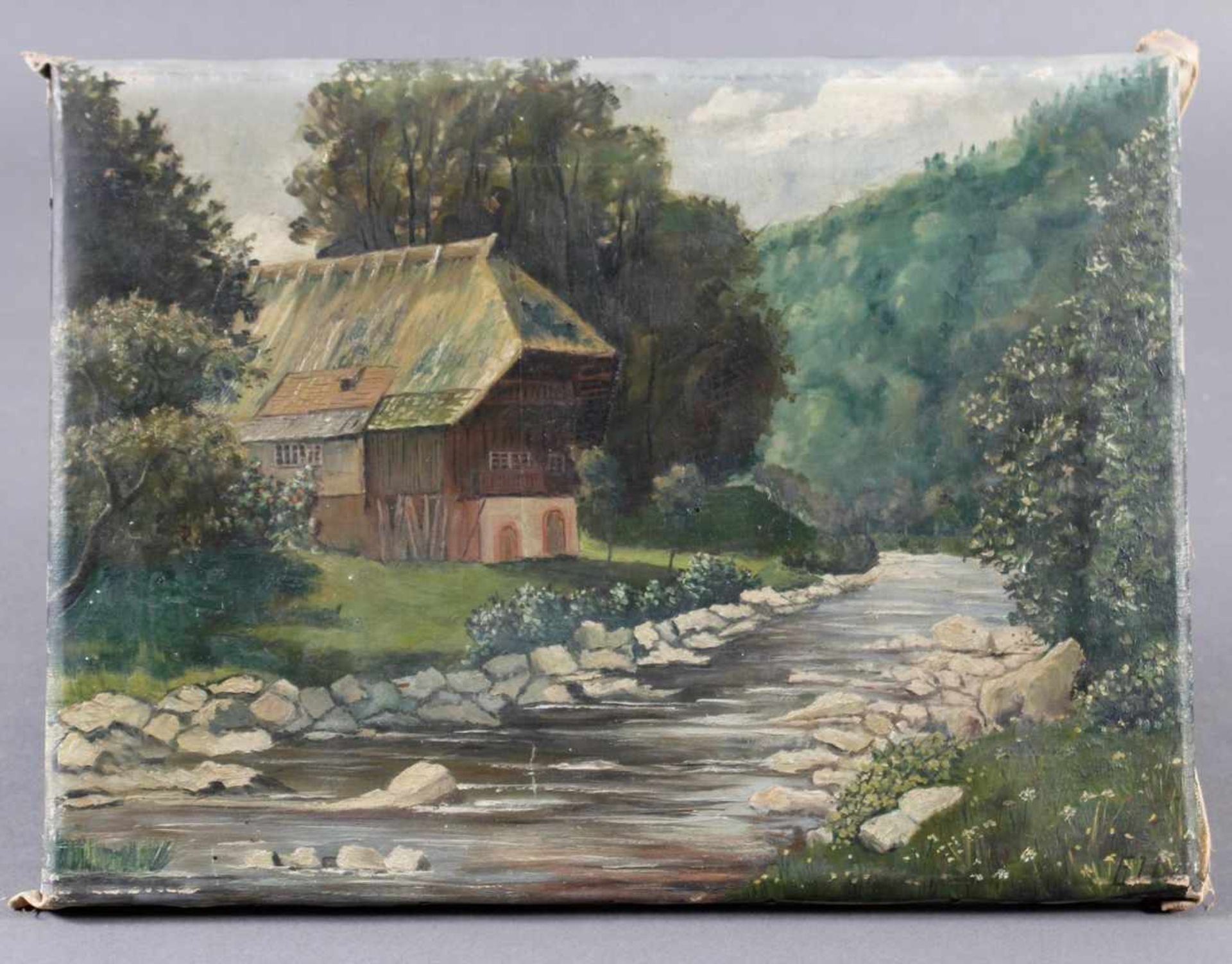 Eugen Haas (1891-1968)Öl auf Leinwand. Schwarzwalshaus am Fluss. Ungerahmt. Unten rechts