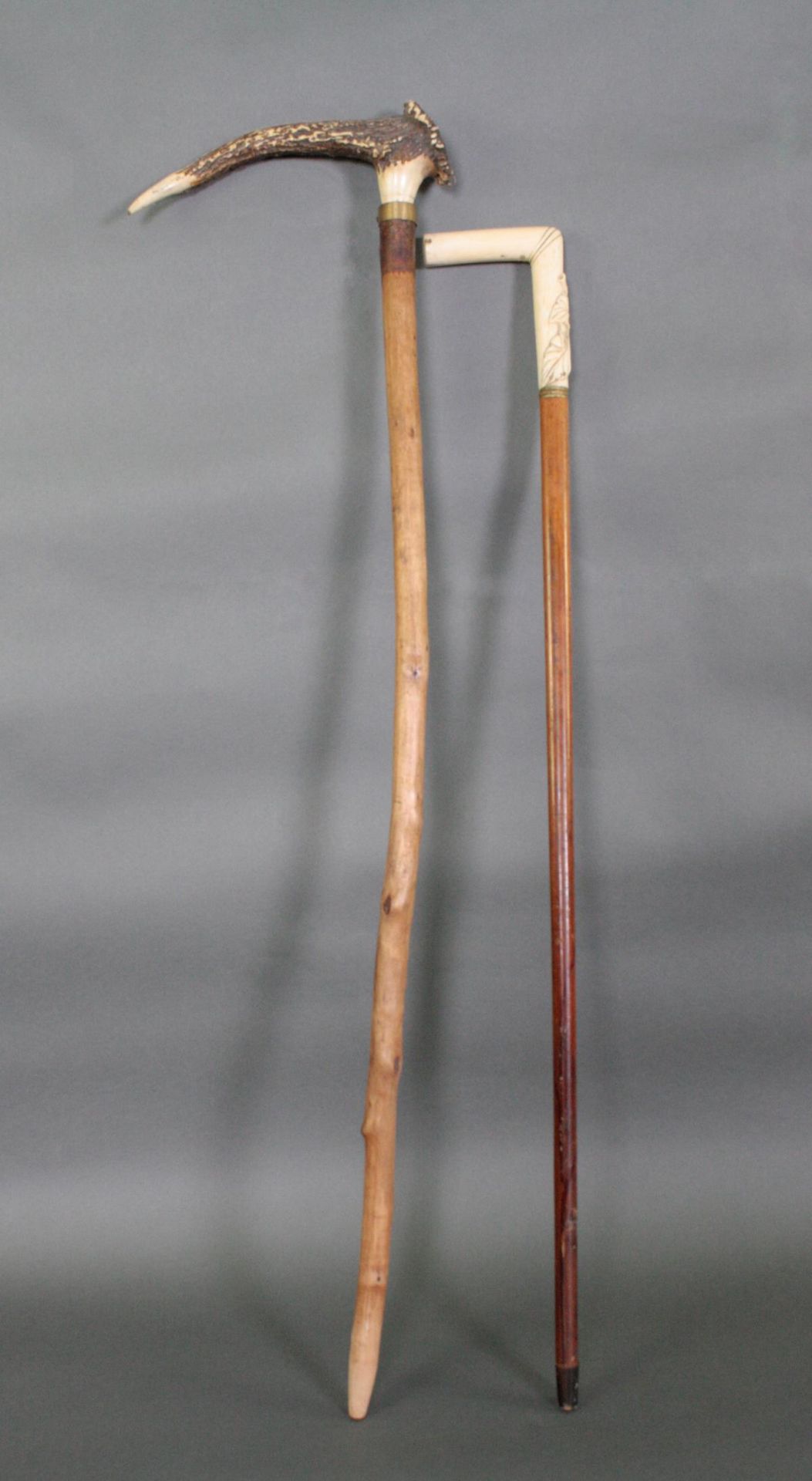 Zwei Gehstöcke um 19001x Beingriff mit geschnitzter Blume, Ebonosierte Holzschaft, ca. Länge 81 cm.