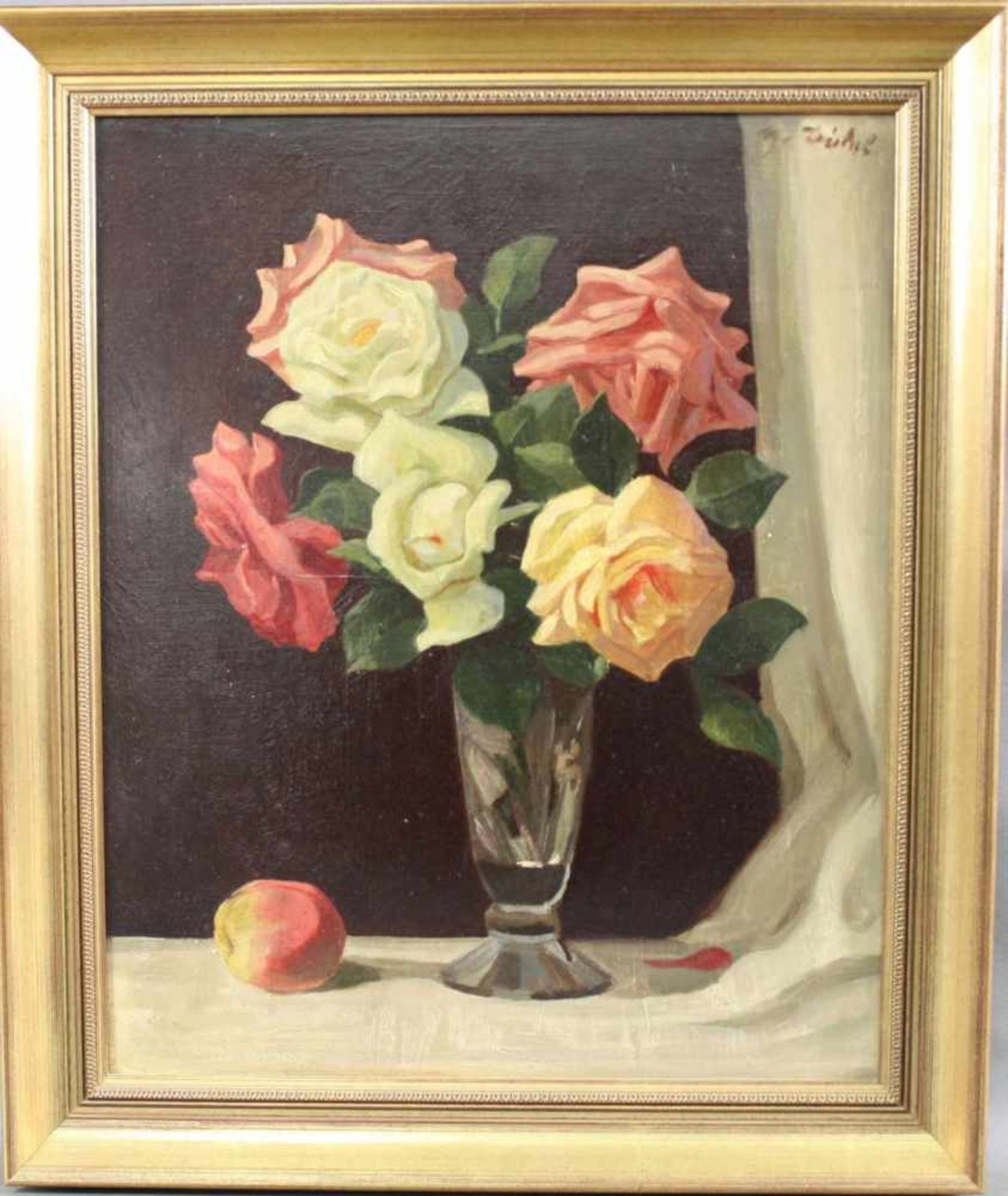 Blumenstillleben. Signiert G. DiehlÖl auf Holz, "Stillleben, Rosenstrauß in Glasvase", oben rechts