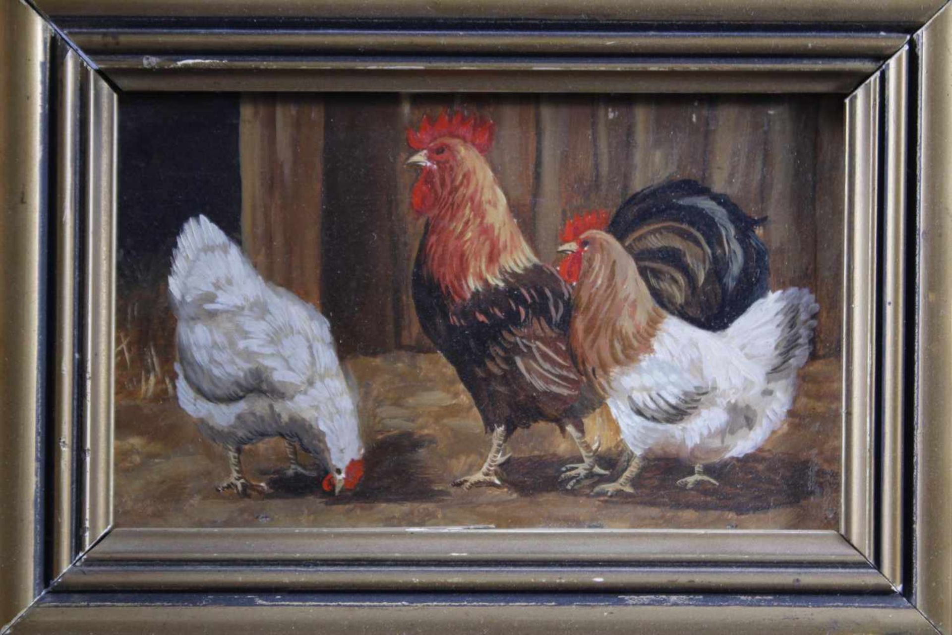 Hahn und Hennen vor dem StallÖl auf Holz, unbekannter Künstler, ca. 10 x 16 cm. Mit Rahmen ca. 22 - Bild 5 aus 5