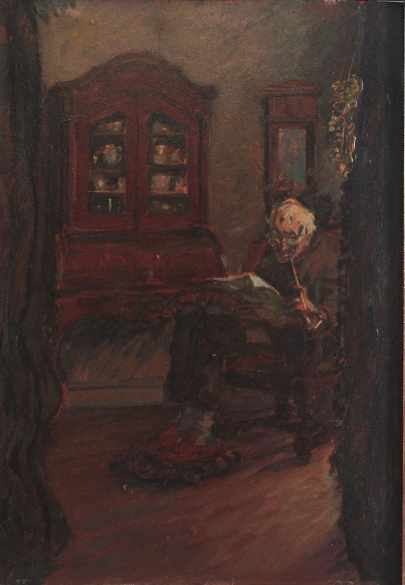 Hans Adolf Müller (1888-1934). "Sein Abendpfeifchen"﻿﻿﻿Öl auf Pappe, unten links signiert und - Bild 2 aus 5