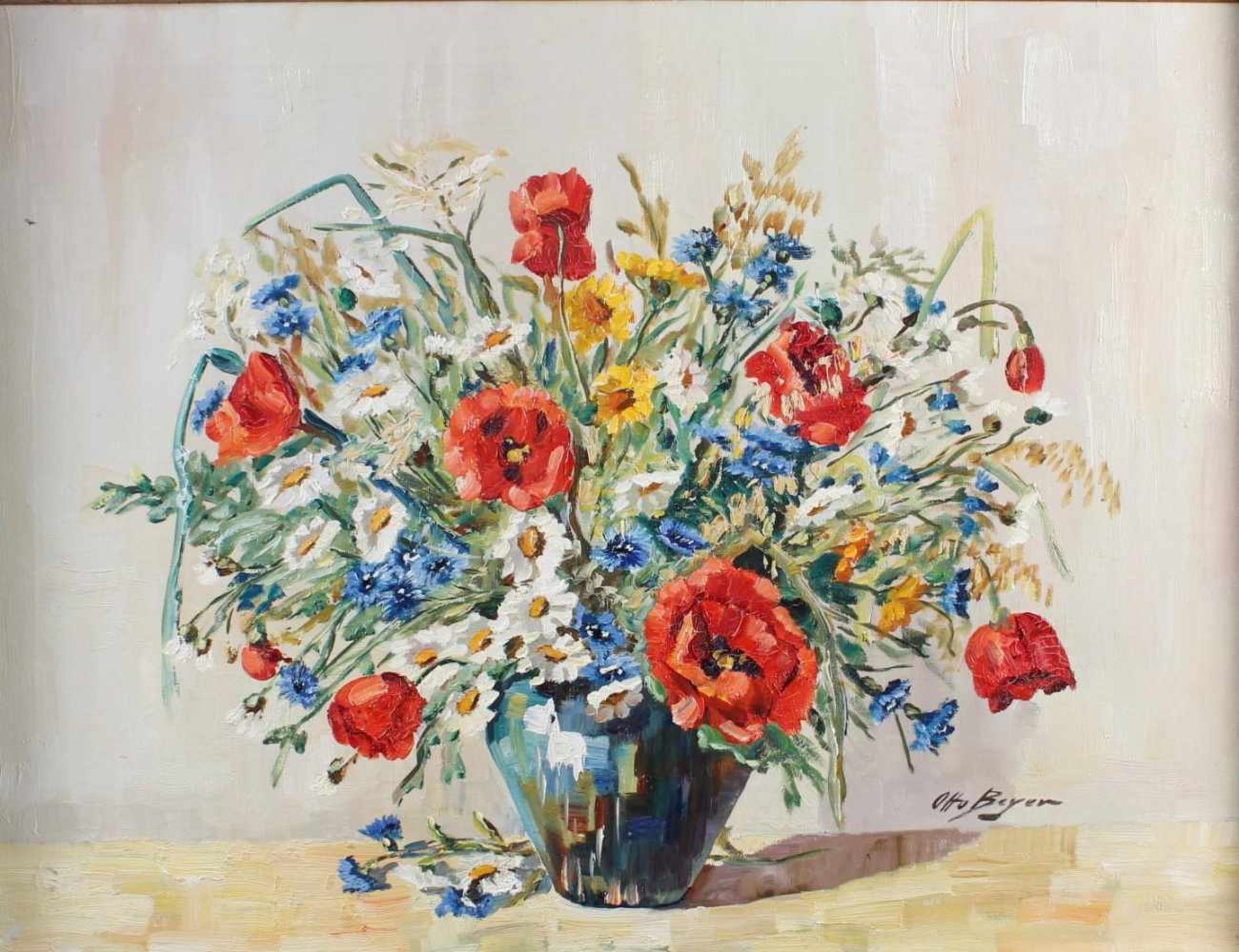 Otto Beyer 1885 - 1962, BlumenstillebenSommerstrauß mit Klatschmohn in bunter Vase, Öl auf Leinwand, - Bild 2 aus 6