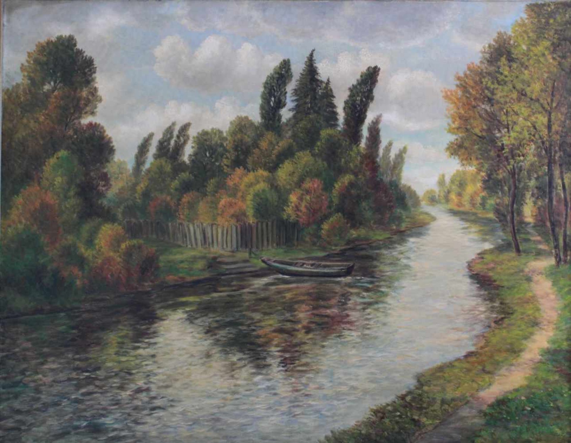 Sommerliche Flusslandschaft mit BootÖl auf Leinwand gemalt, unten rechts unleserlich signiert, - Bild 2 aus 4