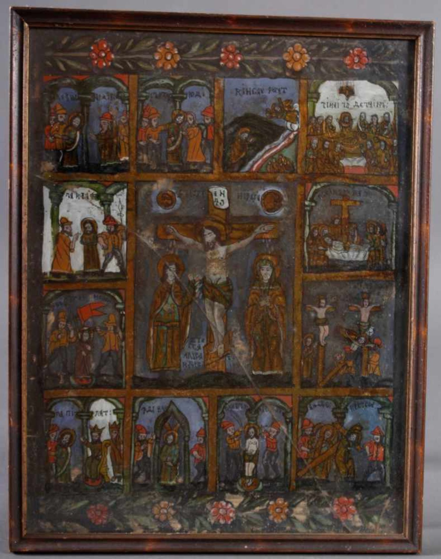 Hinterglas- Ikone, 19. JahrhundertIkone mit der Kreuzigung Christi und zwölf Szenen aus dem Leben