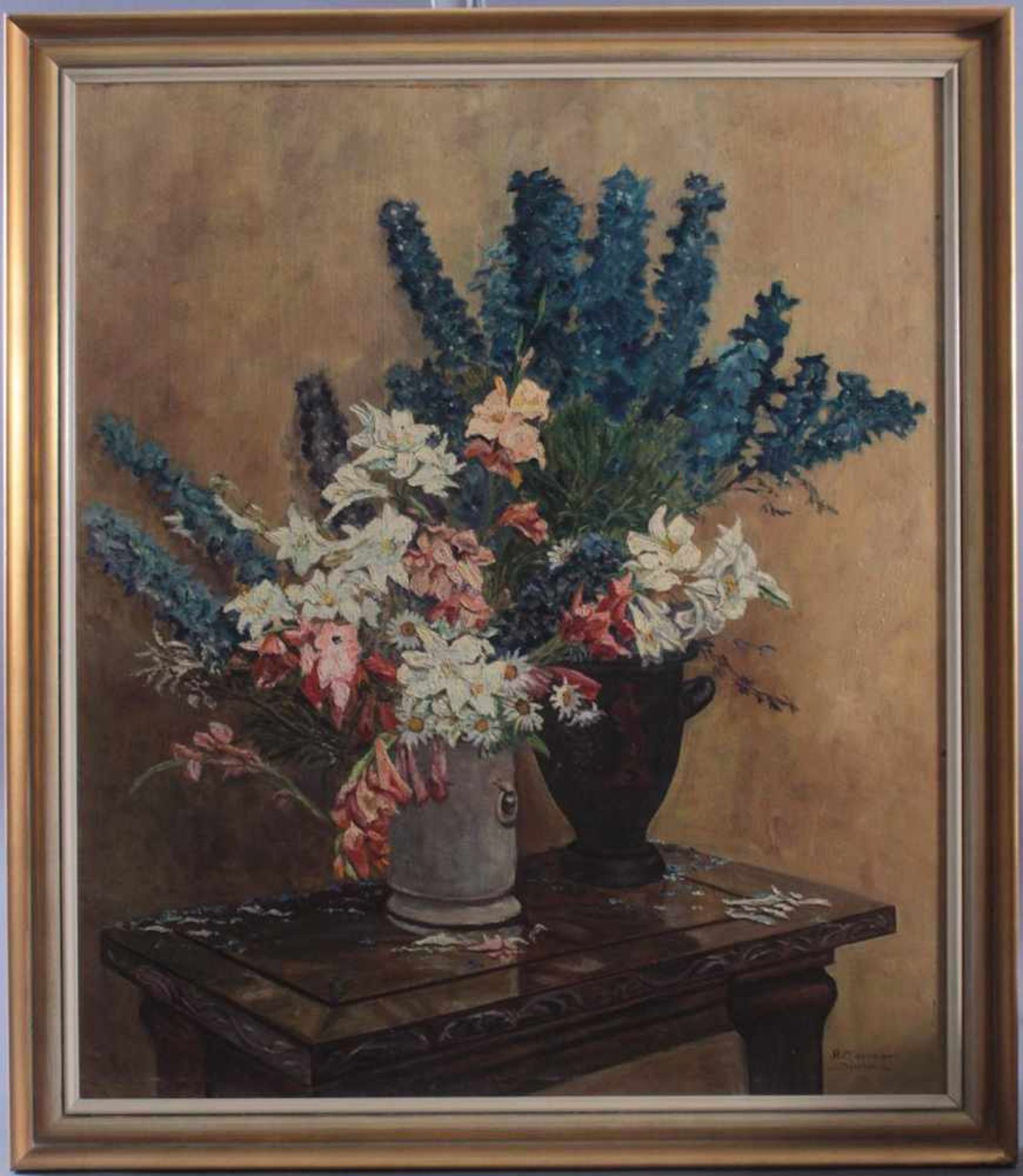 A. Pfizemaier, "Stillleben mit zwei Vasen und Blumen", 20. JahrhundertÖl auf Hartfaser, rechts unten