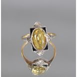 Art Deco Damenring mit Citrin, Onix und Diamanten, 18 Karat Gelb- und WeißgoldGold geprüft, oval