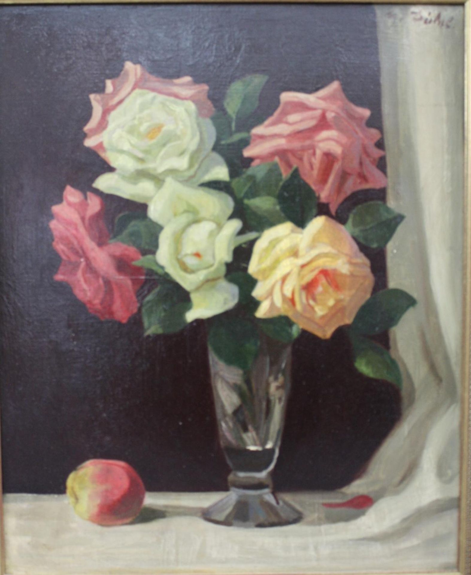 Blumenstillleben. Signiert G. DiehlÖl auf Holz, "Stillleben, Rosenstrauß in Glasvase", oben rechts - Bild 2 aus 4