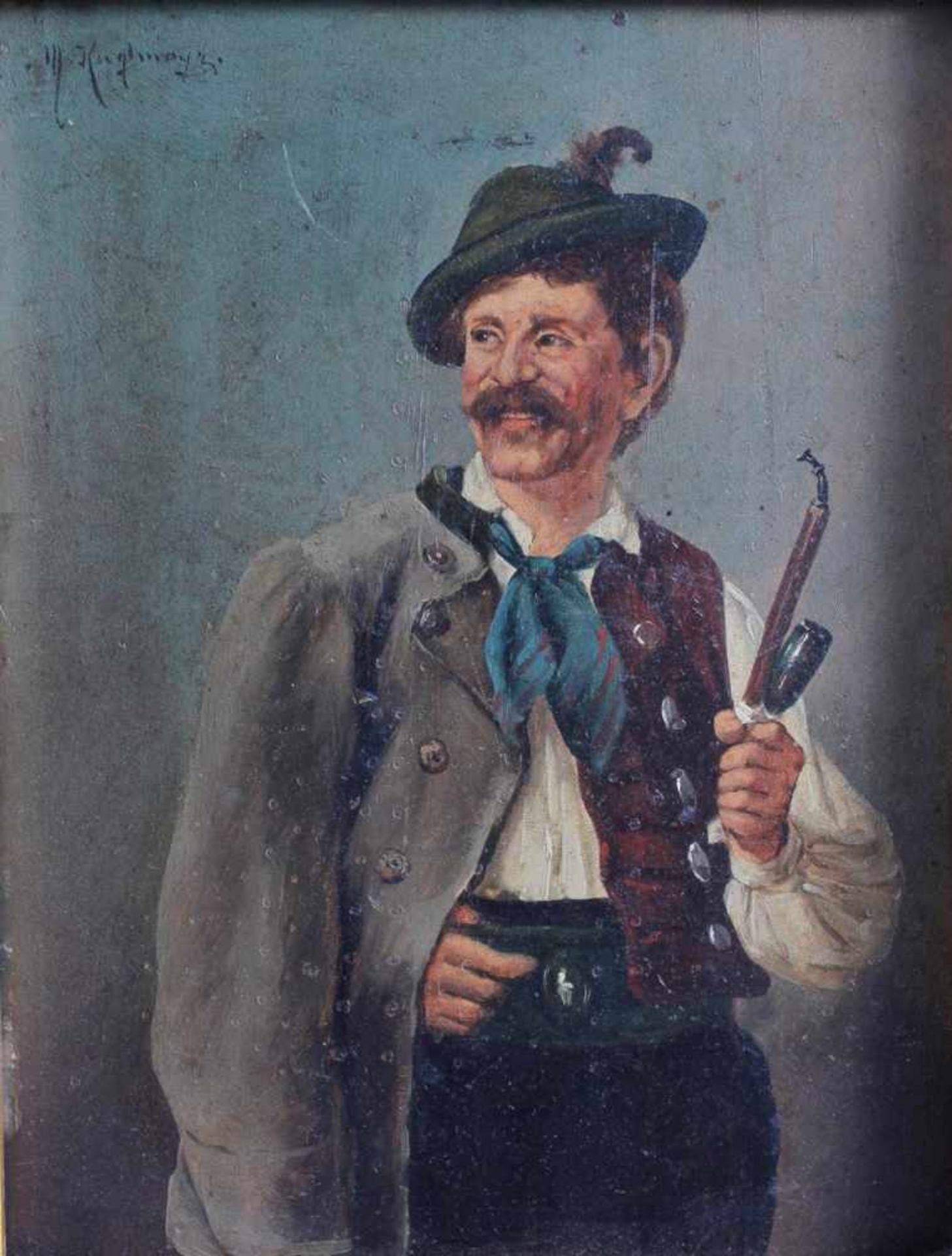 Max Kuglmayr (1863-c.1930)Bayer in Tracht mit Pfeife. Öl auf Holz gemalt, oben links signiert. - Bild 2 aus 3