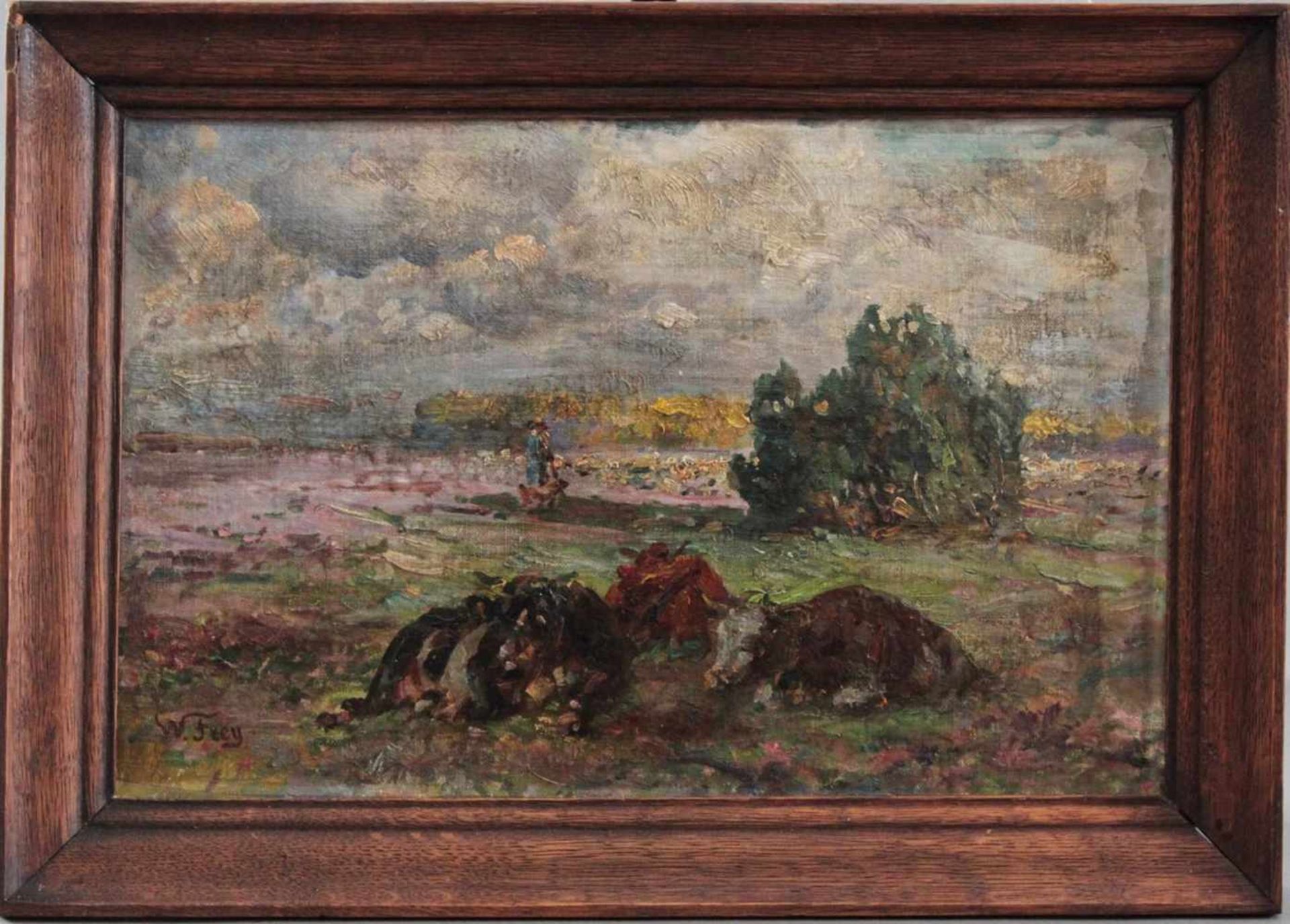 Wilhelm Frey (1826 - 1911), Hirtin mit liegenden Kühen auf der WeideÖl auf Karton gemalt, unten