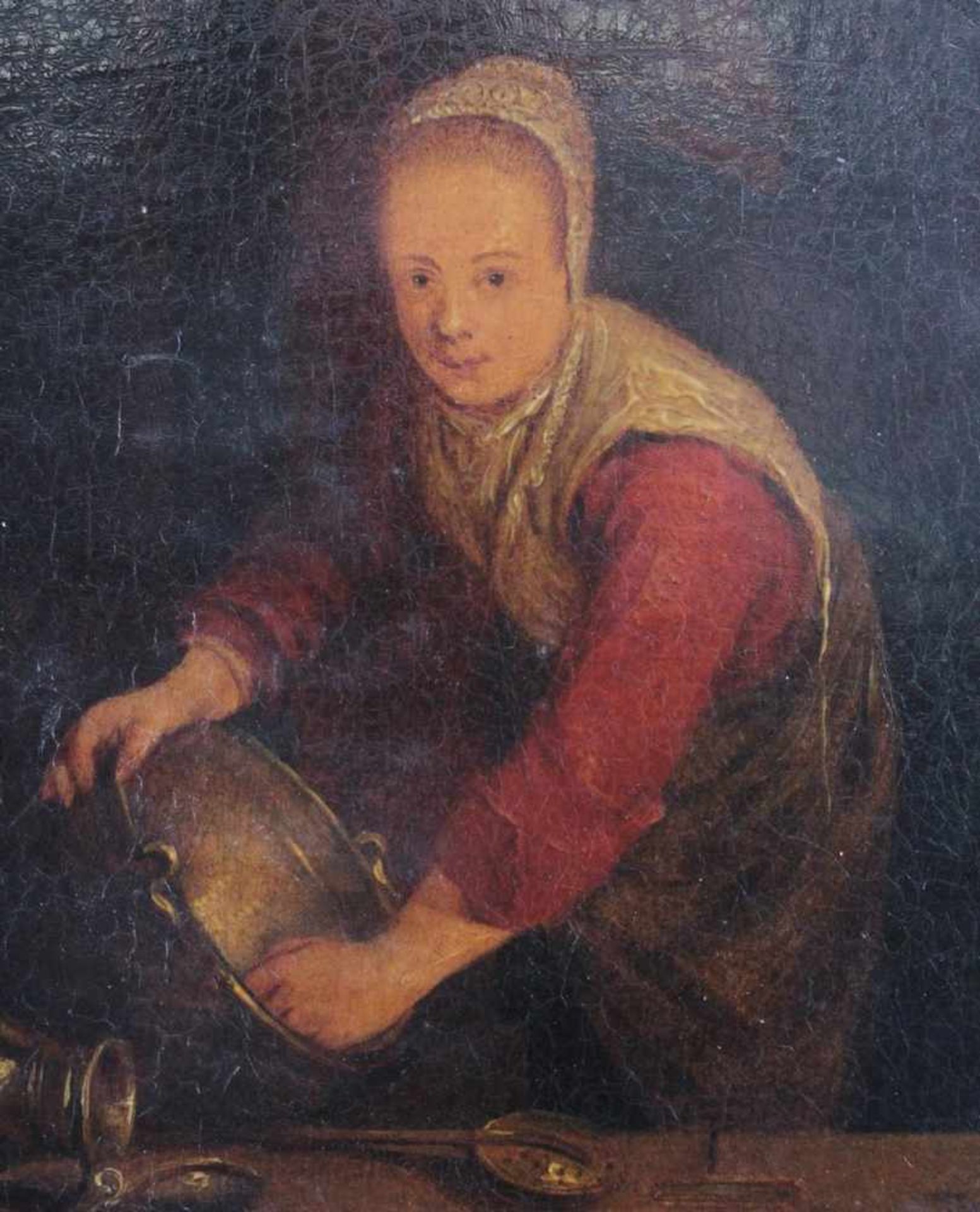 Gerard Dou (1613 - 1675)Öl auf Holz, oben rundbogig, "Frau am Fenster bei der Hausarbeit", verso - Bild 2 aus 9