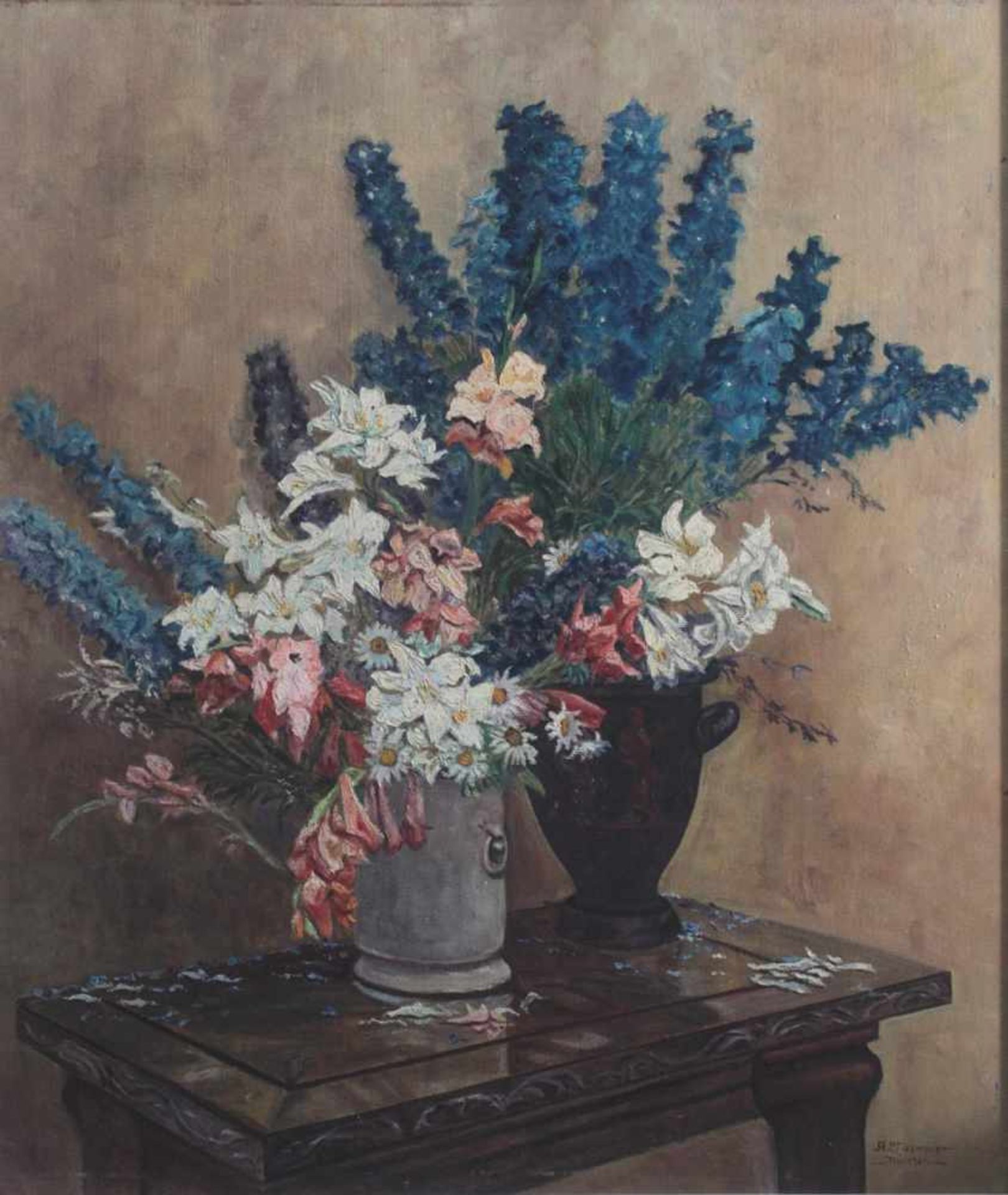 A. Pfizemaier, "Stillleben mit zwei Vasen und Blumen", 20. JahrhundertÖl auf Hartfaser, rechts unten - Bild 2 aus 3