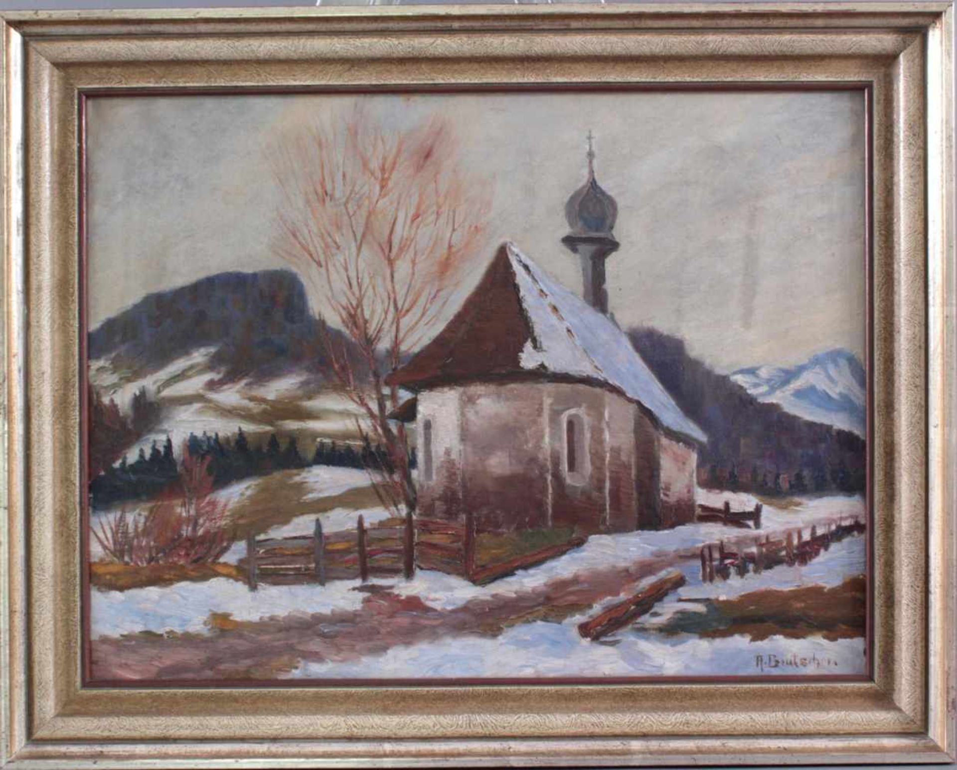 Brutscher, A., Künstler des 20. Jh. tätig in Wangen, "Kapelle im Gebirge"Öl auf Leinwand gemalt,