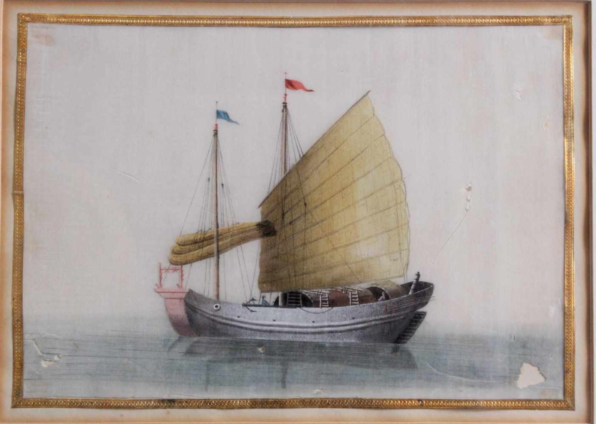 Chinesische Junke 19. Jh.Aquarell auf Reispapier, an einigen Stellen im unteren Bereich - Bild 2 aus 2