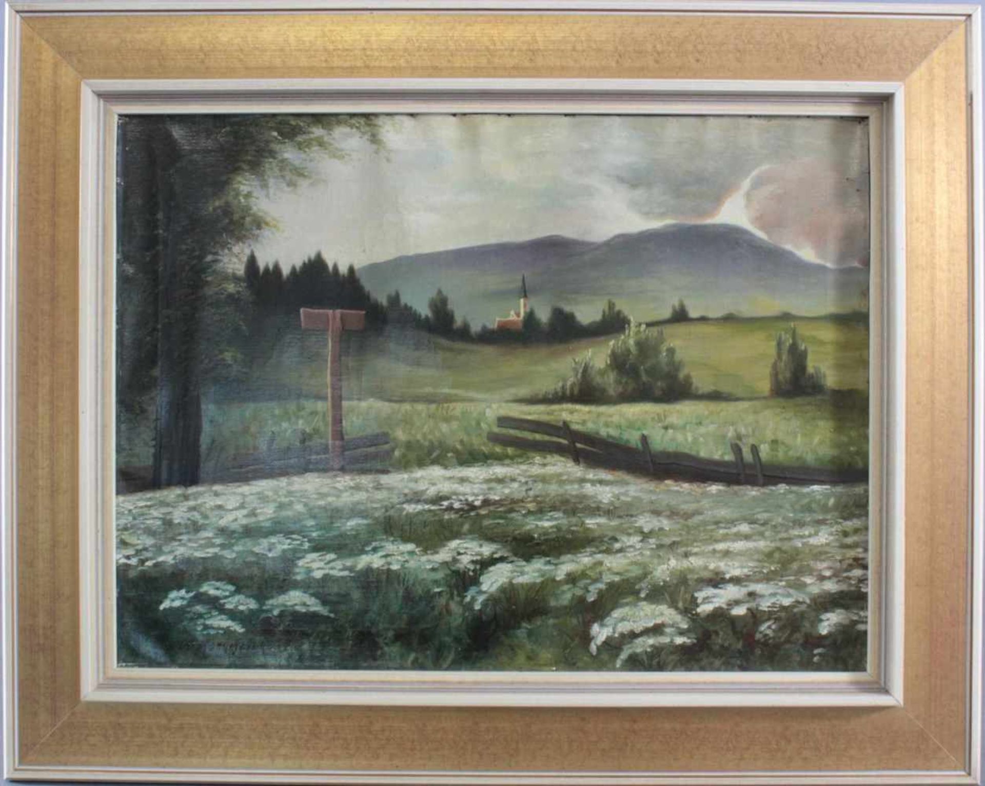 Carl Kornmeier (1892-1981)Öl auf Leinwand (Muss neu gespannt werden), "Landschaft mit Kirche", links