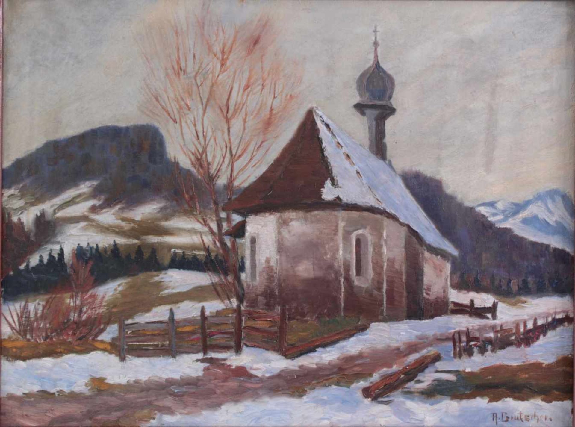 Brutscher, A., Künstler des 20. Jh. tätig in Wangen, "Kapelle im Gebirge"Öl auf Leinwand gemalt, - Image 2 of 5