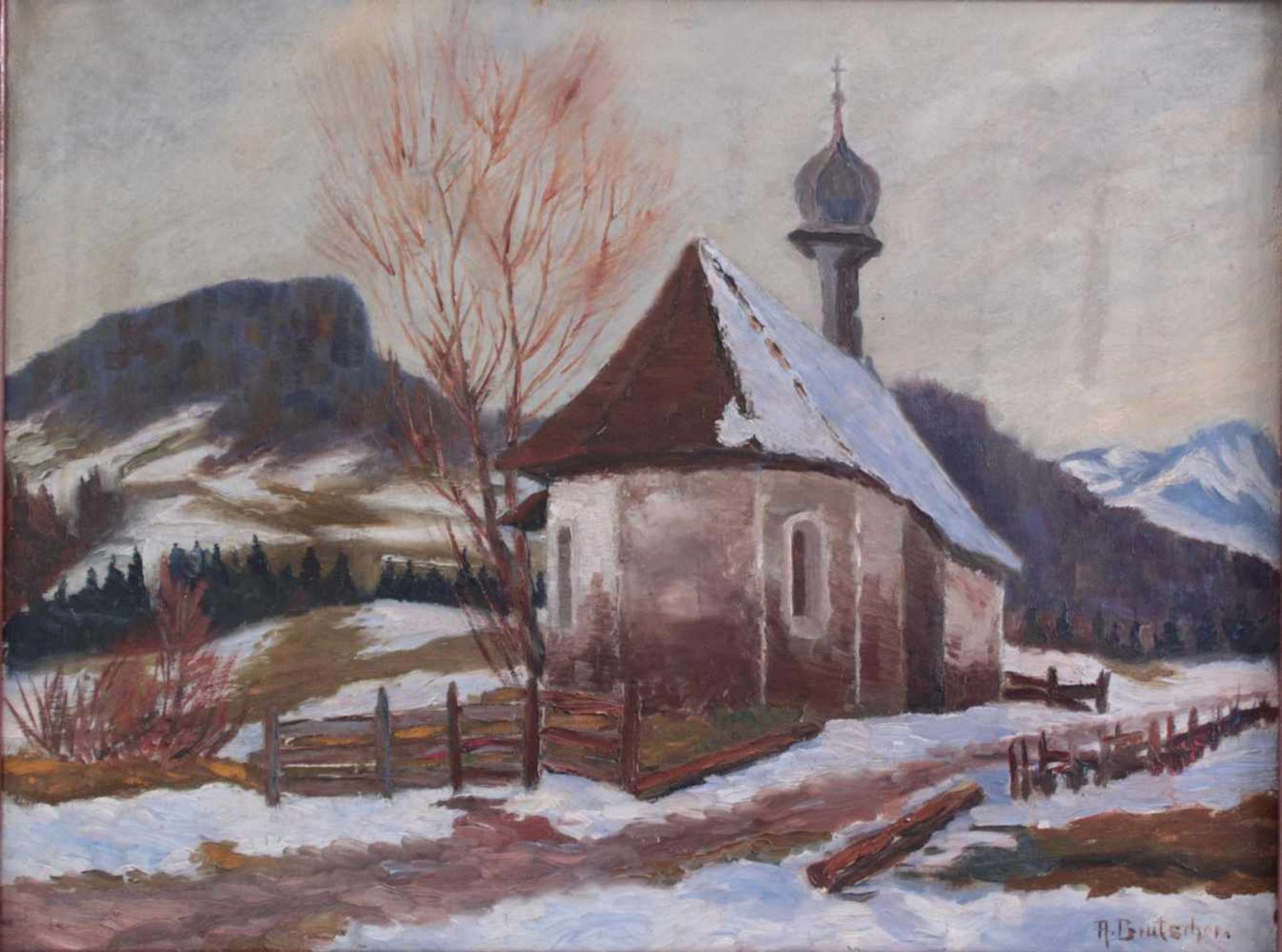 Brutscher, A., Künstler des 20. Jh. tätig in Wangen, "Kapelle im Gebirge"Öl auf Leinwand gemalt, - Bild 2 aus 5