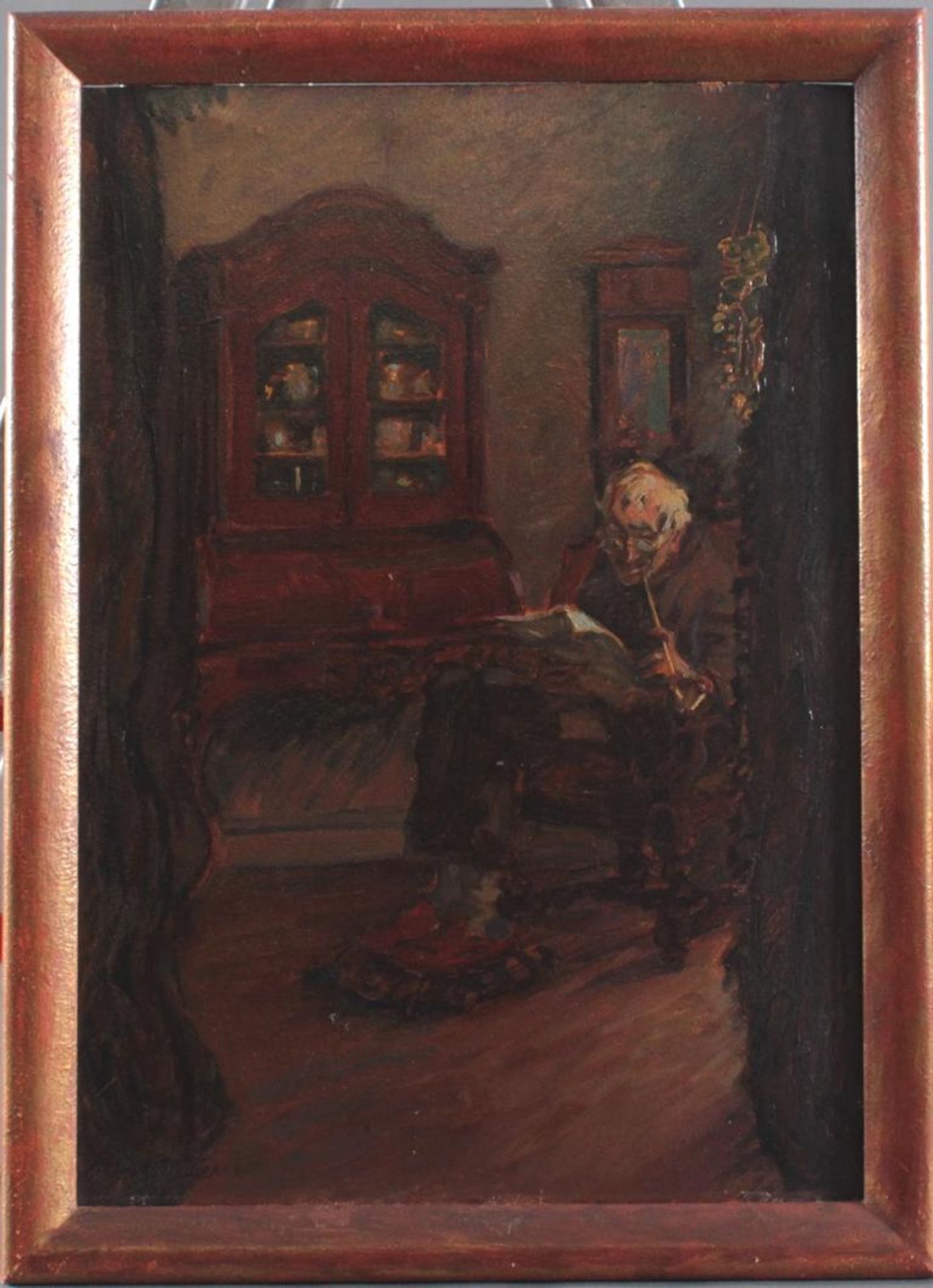 Hans Adolf Müller (1888-1934). "Sein Abendpfeifchen"﻿﻿﻿Öl auf Pappe, unten links signiert und