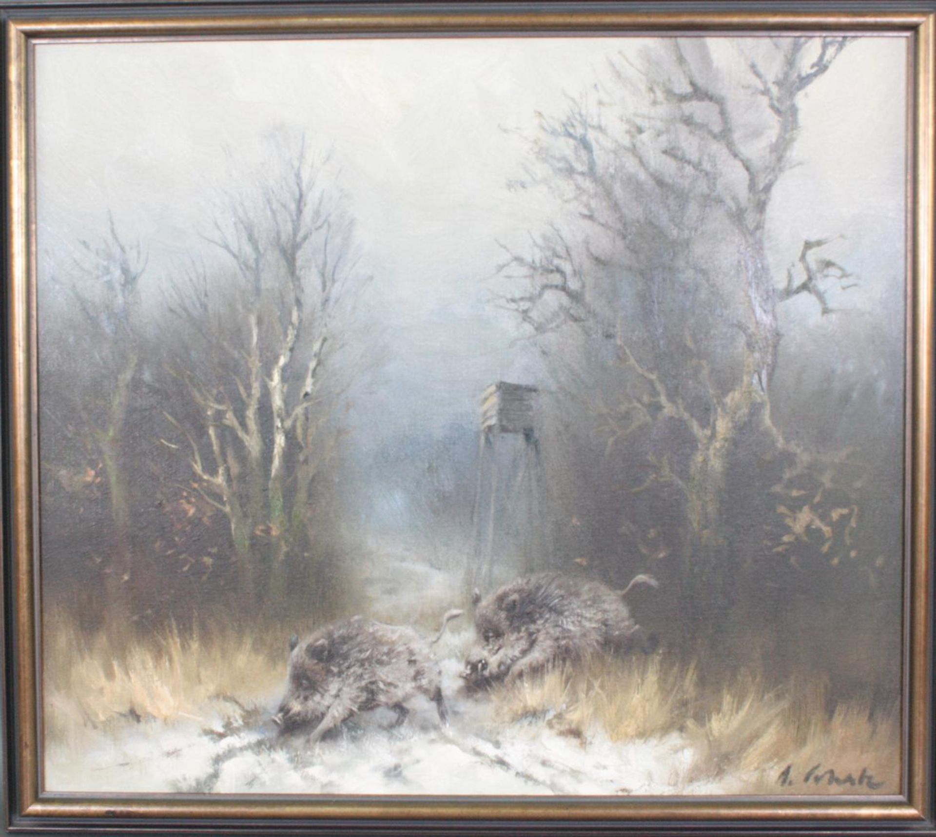 Arnold SCHATZ (1929-c.1999) , Winterlandschaft mit Wildschweine vor einem Hochsitz