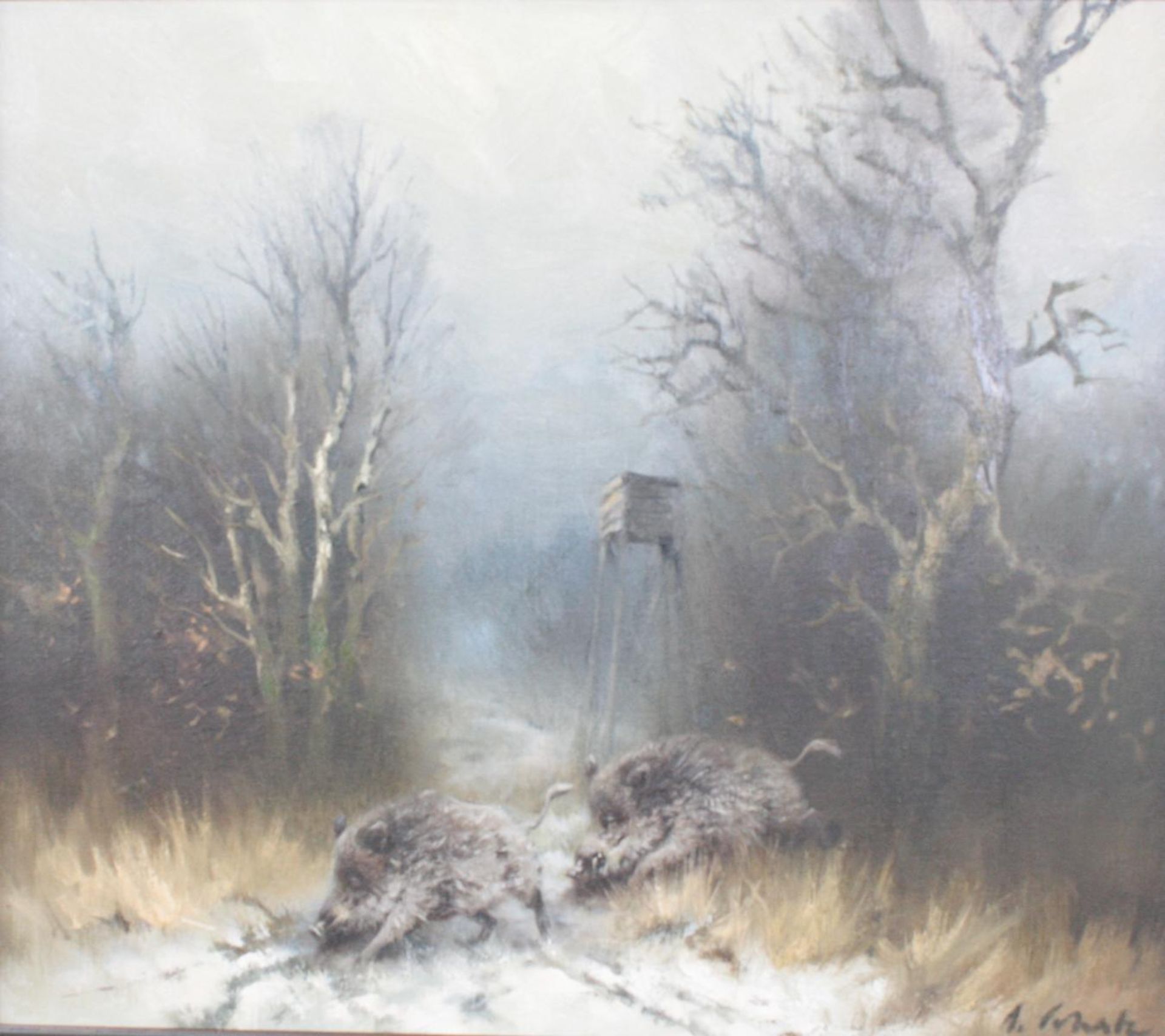 Arnold SCHATZ (1929-c.1999) , Winterlandschaft mit Wildschweine vor einem Hochsitz - Image 2 of 4