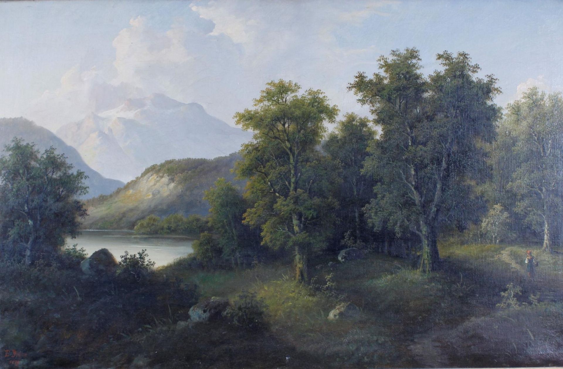 E. Boken ?-?, Sommerliche Alpenlandschaft mit See und Personenstaffage - Bild 2 aus 8