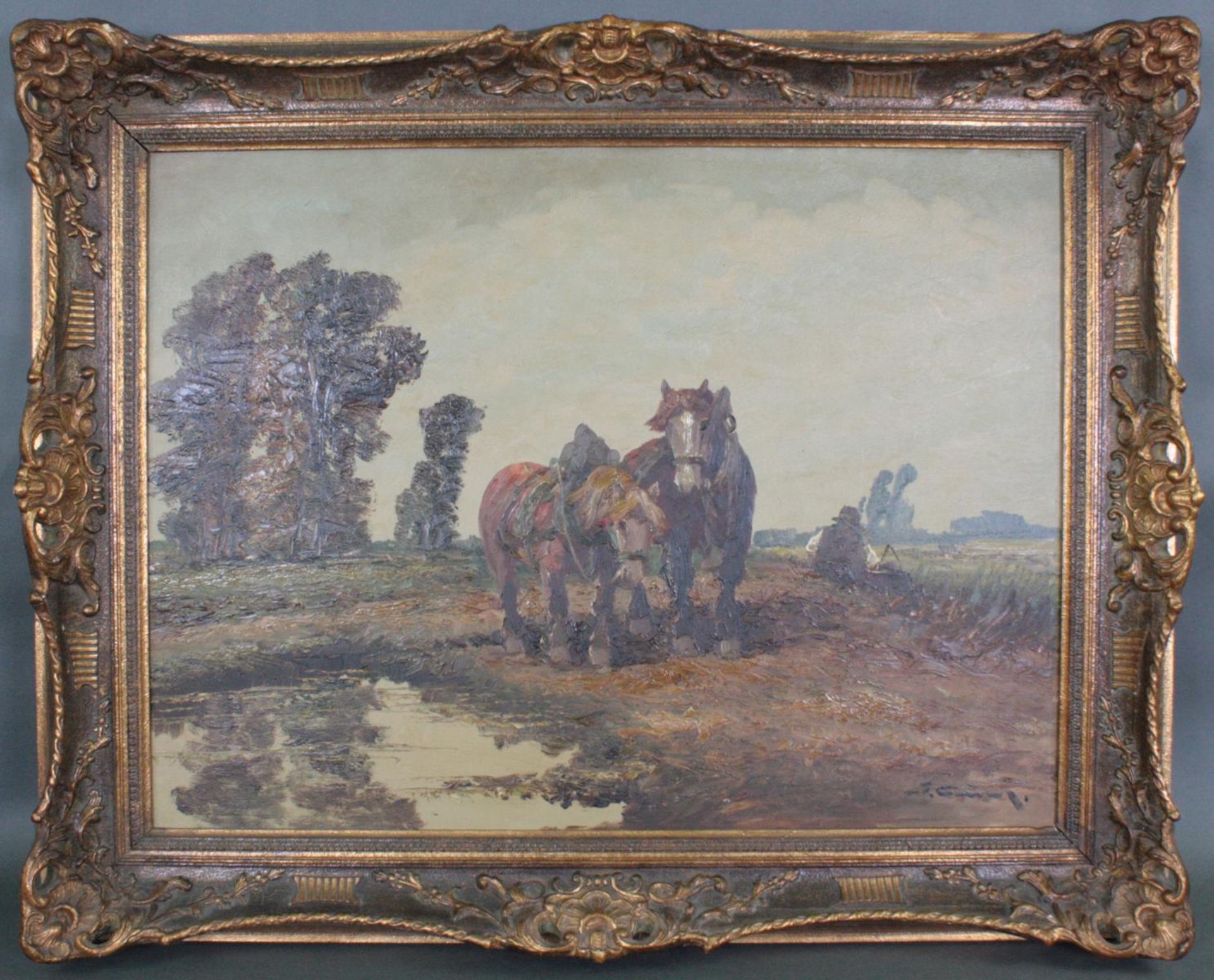 Bauer und Pferde bei der Feldarbeit