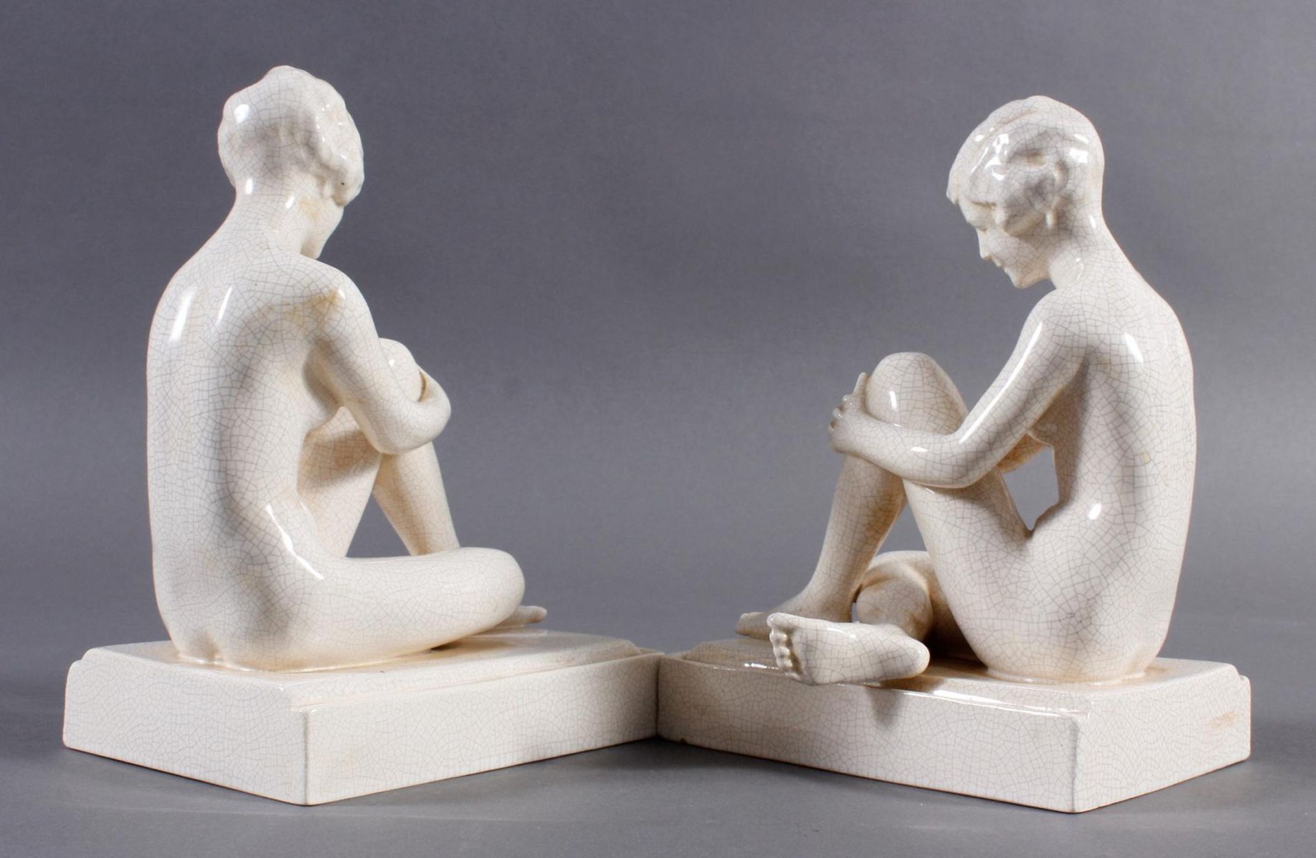Paar Keramik Buchstützen, Sitzender Frauenakt, um 1925 - Bild 4 aus 13