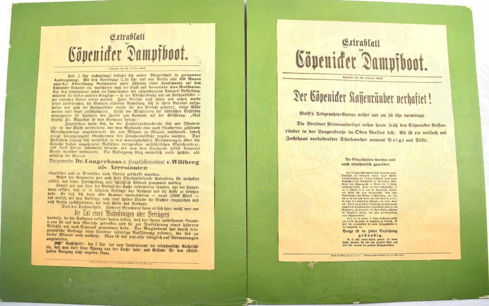 2 EXTRABLÄTTER HAUPTMANN VON CÖPENICK, Cöpenicker Dampfboot v. 16. u. 26. Oktober 1906, betr.