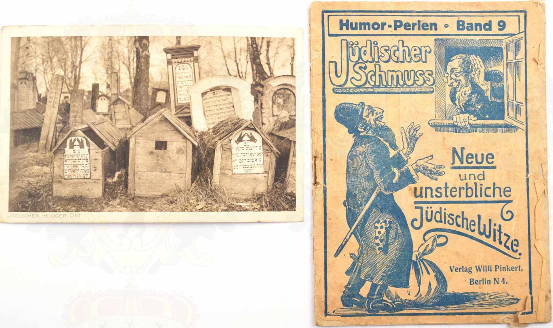 HUMORHEFT UND ANSICHTSKARTE, Neue u. unsterbliche Jüdische Witze, um 1910, 16 S., Randmängel; AK