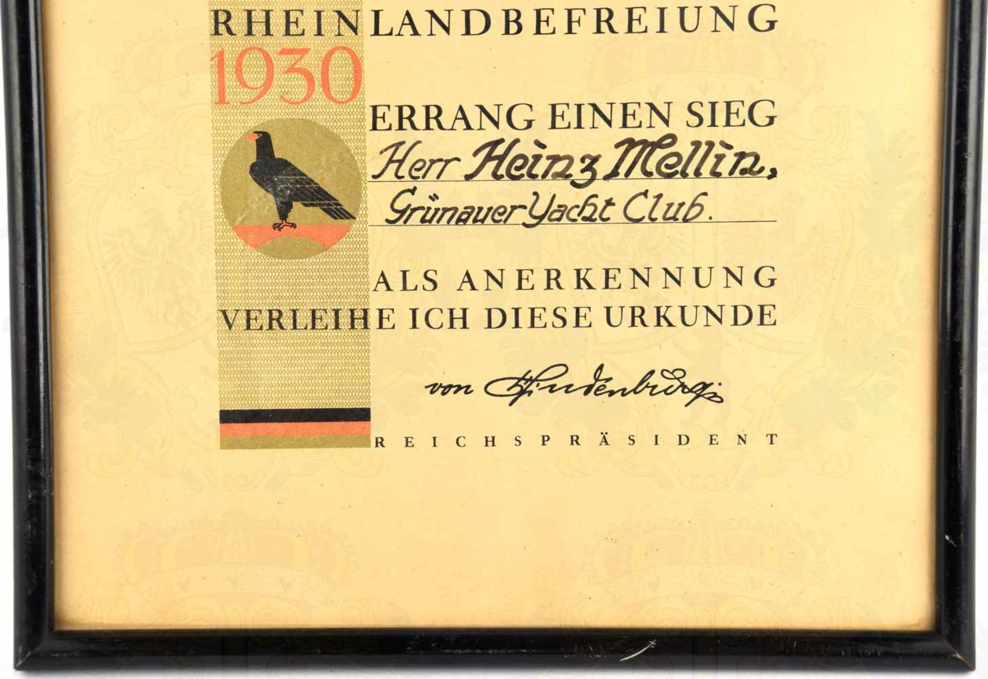 EHRENURKUNDE WETTKÄMPFE ZUM VERFASSUNGSTAG 1930, für einen Segler des Grünauer Yacht-Clubs (Berlin), - Bild 2 aus 2