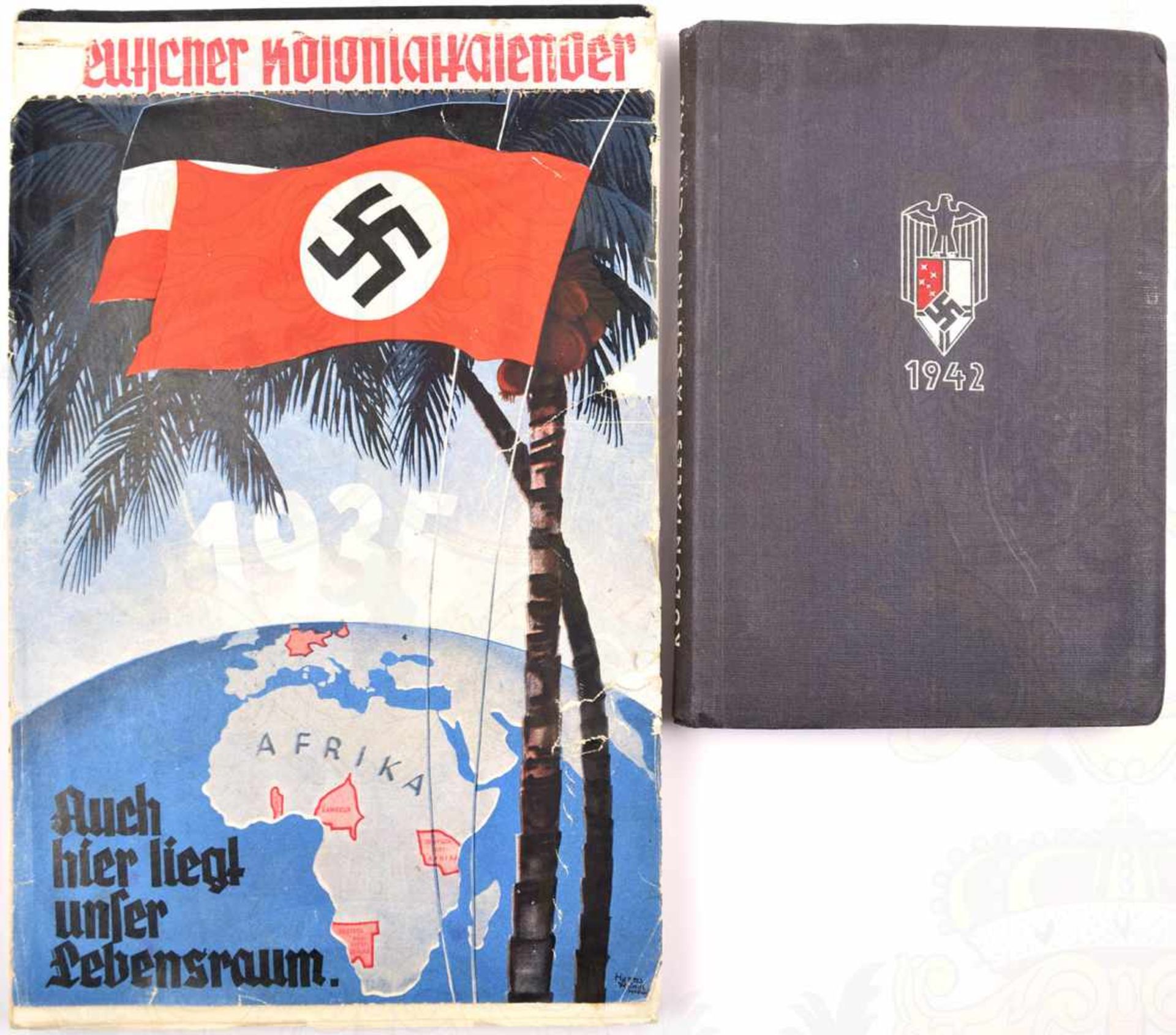 2 TITEL, Deutscher Kolonialkalener 1935; Koloniales Taschenbuch 1942, Kalendarium ungebraucht, Ln./1