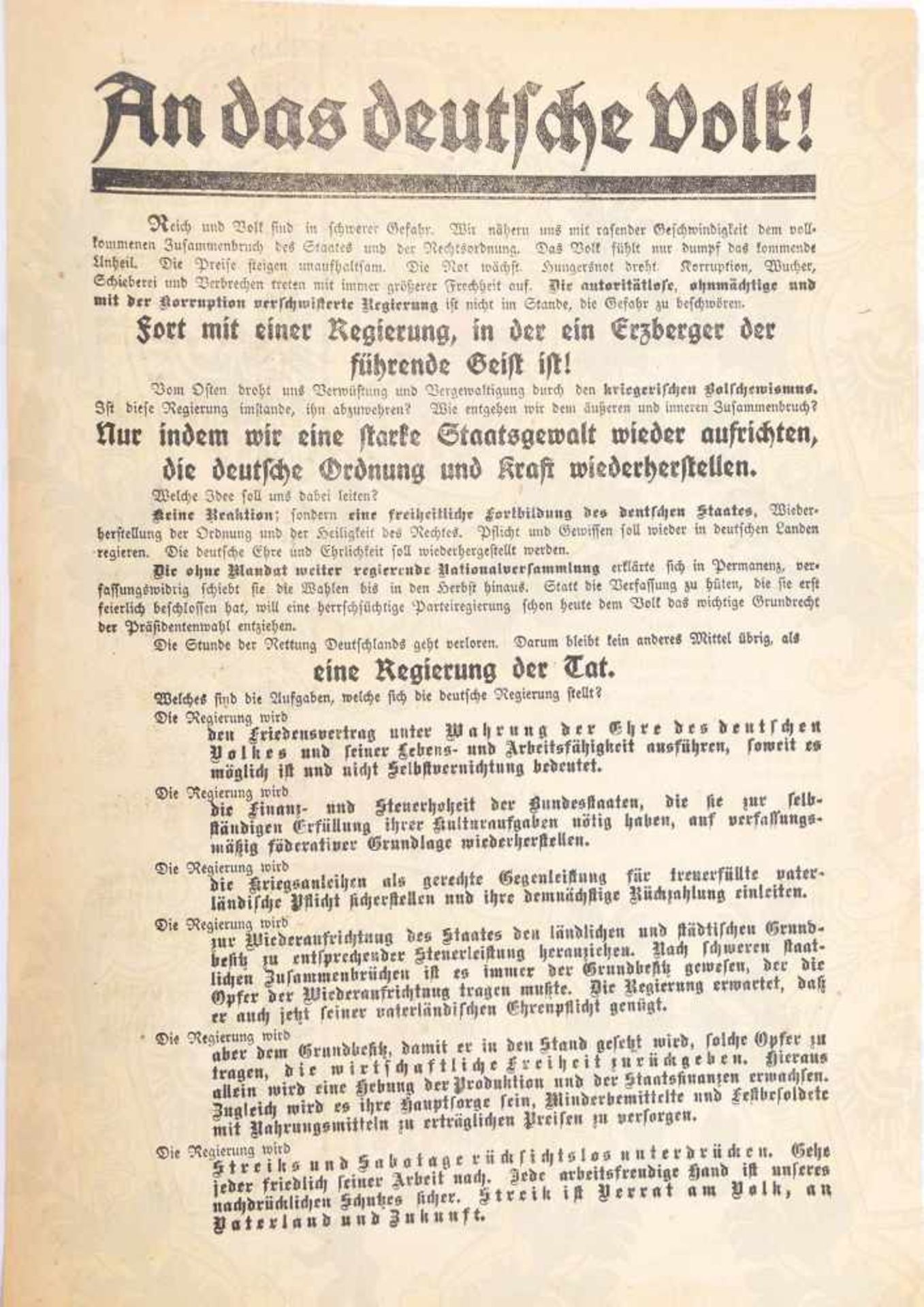 FLUGBLATT REICHSKANZLER KAPP 1920, Kapp-Putsch, „An das deutsche Volk...Tue jeder seine Pflicht...