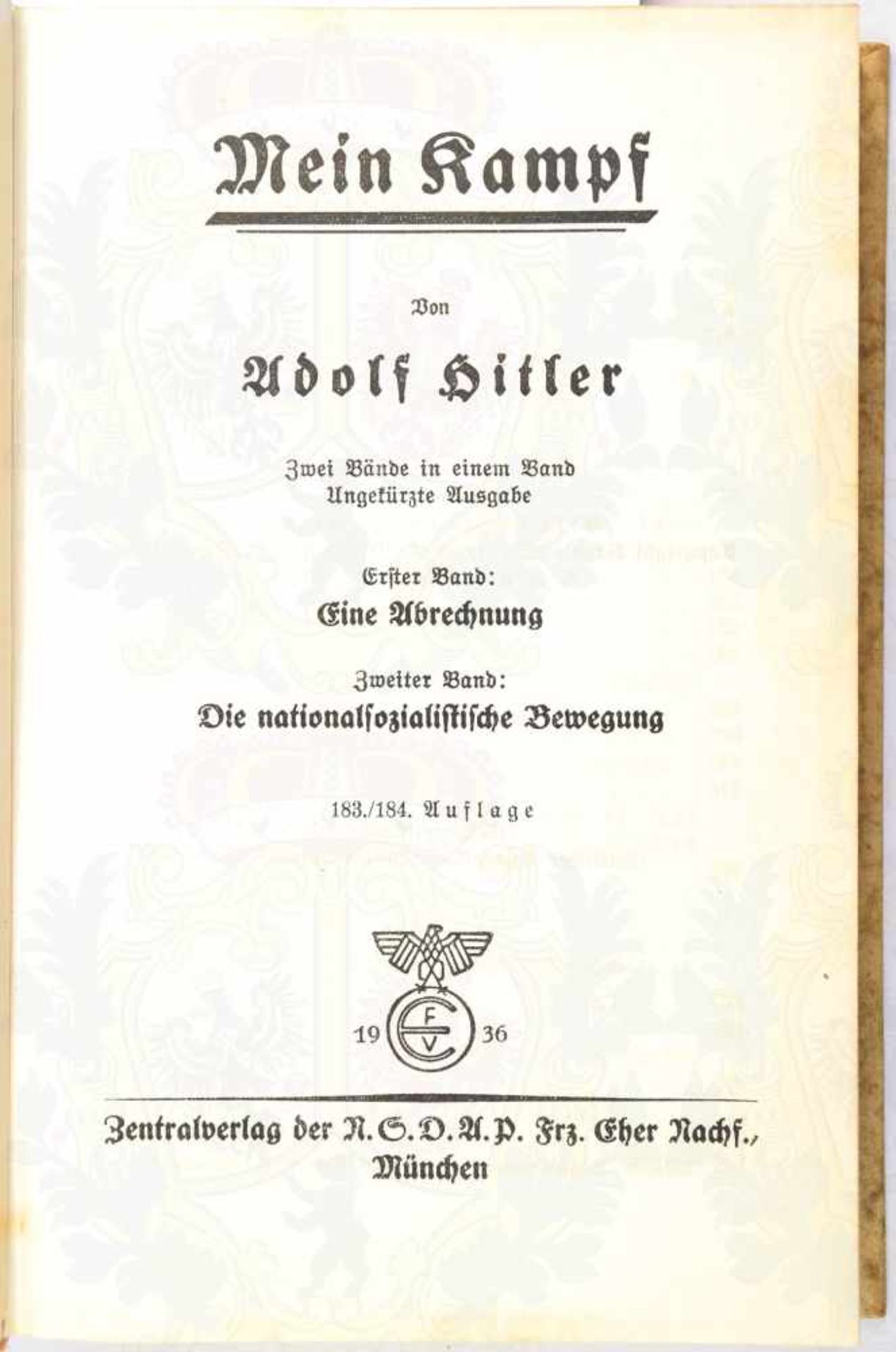 MEIN KAMPF, A. Hitler, Hochzeitsausgabe der Stadt Bad Pyrmont, Eher Verlag 1936, m. 1 Portrait, - Bild 3 aus 4