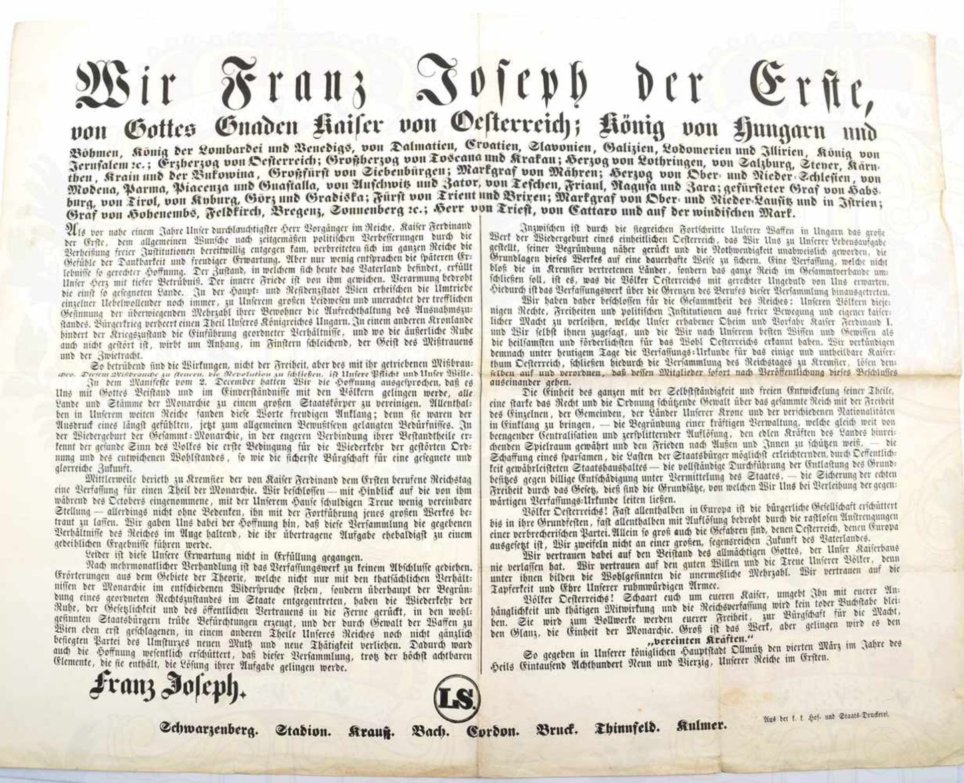 5 EDIKTE KAISER FRANZ JOSEPH I., Ankündigung der Verfassung; Reichsverfassung für d. Kaisertum - Bild 2 aus 2
