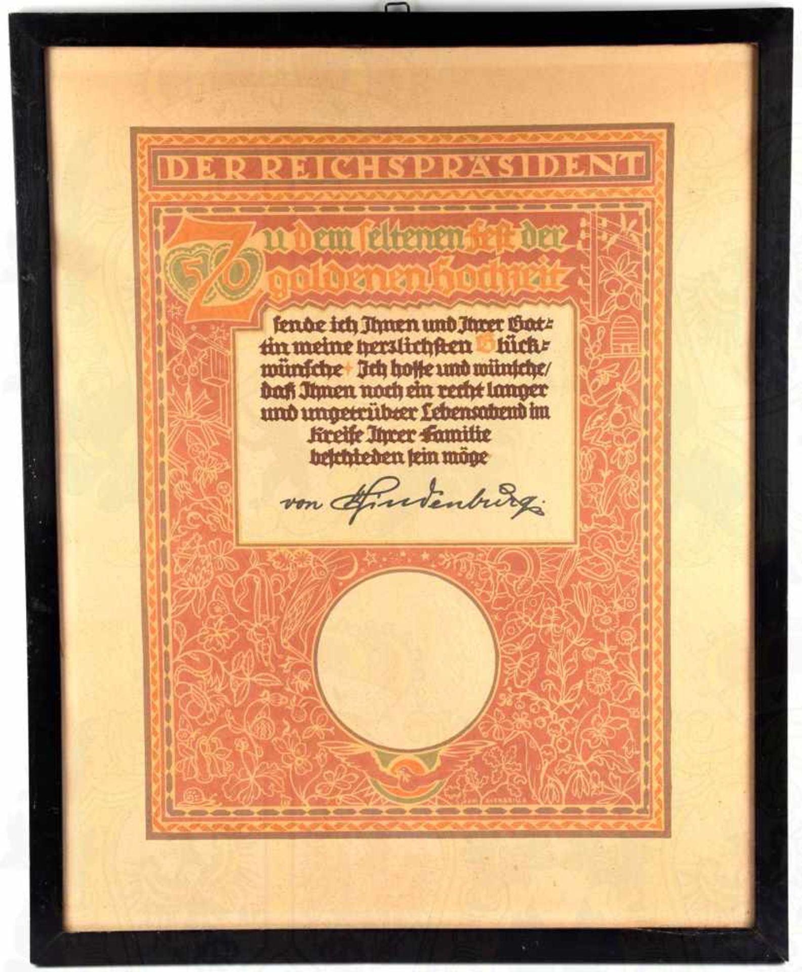SCHMUCKURKUNDE ZUR GOLDENEN HOCHZEIT, Farbdruck m. faks U. „Hindenburg“ u. Prägesiegel, sign. „J.