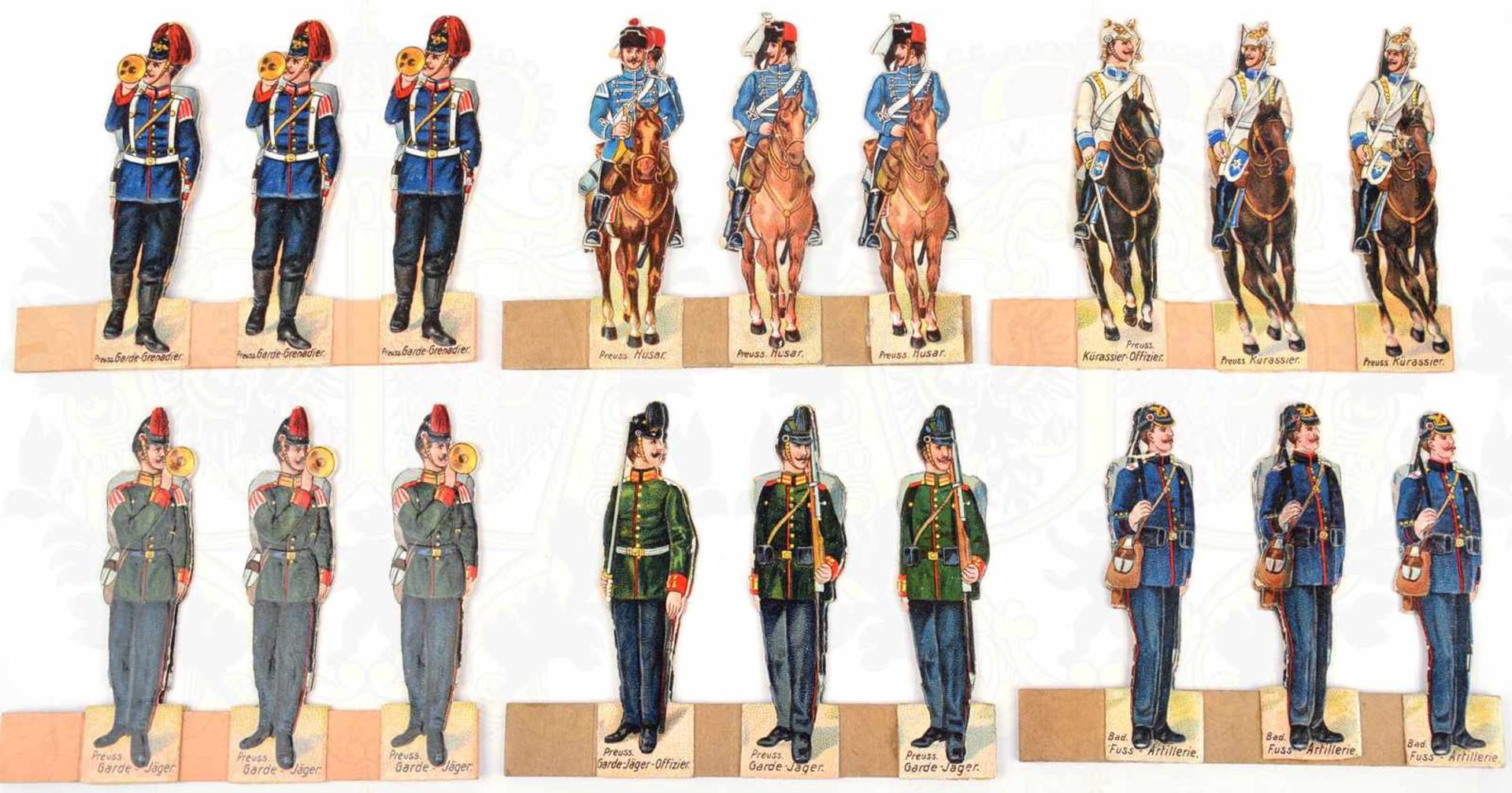 SAMMLUNG 20 WERBE-AUFSTELLER, Schürers Nähgarn, mit je 5 Uniformdarstellungen, meist Preußen,