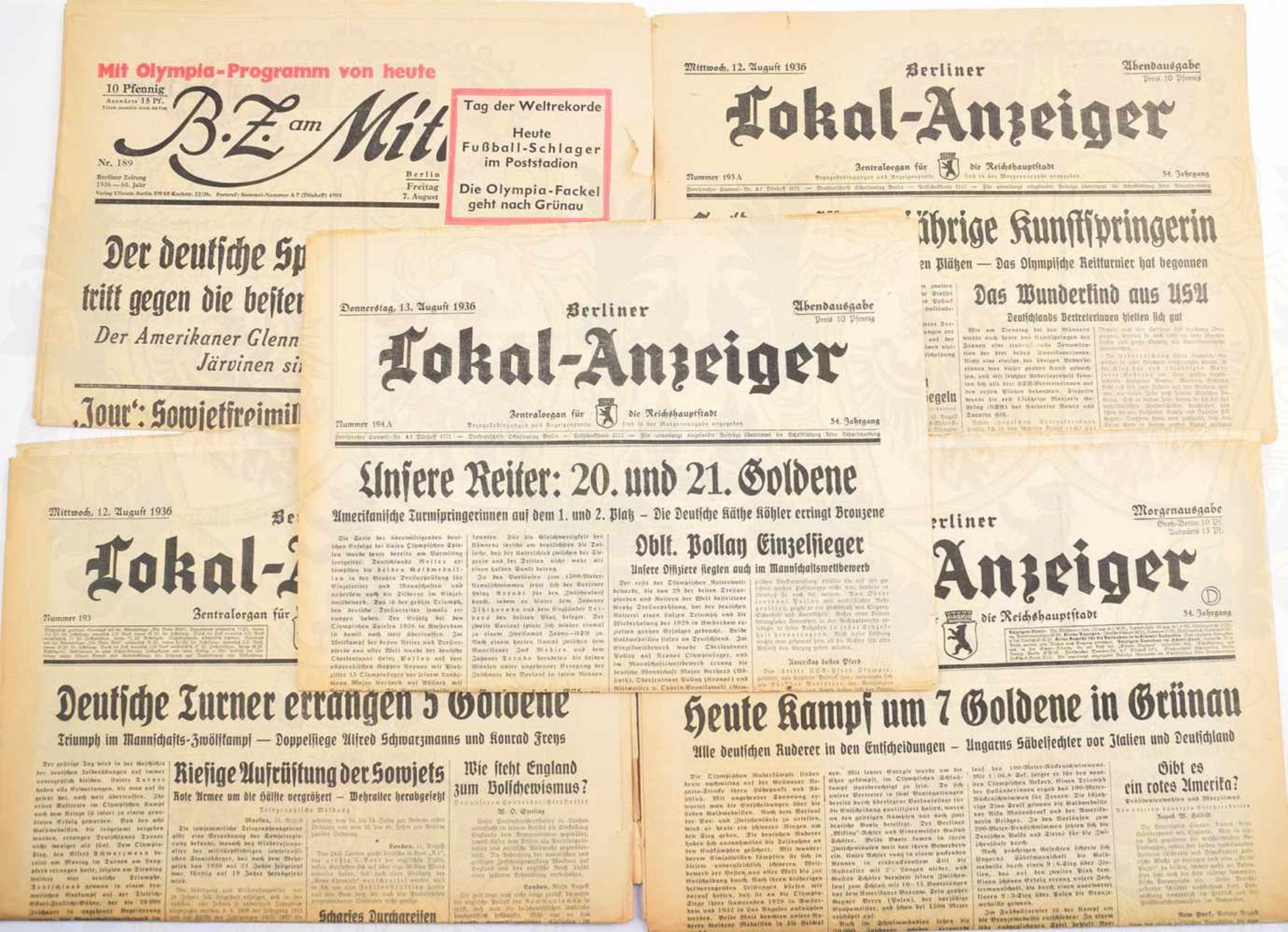 6 ZEITUNGEN BERLIN OLYMPIA 1936, Lokal-Anzeiger u. BZ am Mittag, Olympia Empfang in d. Staatsoper,