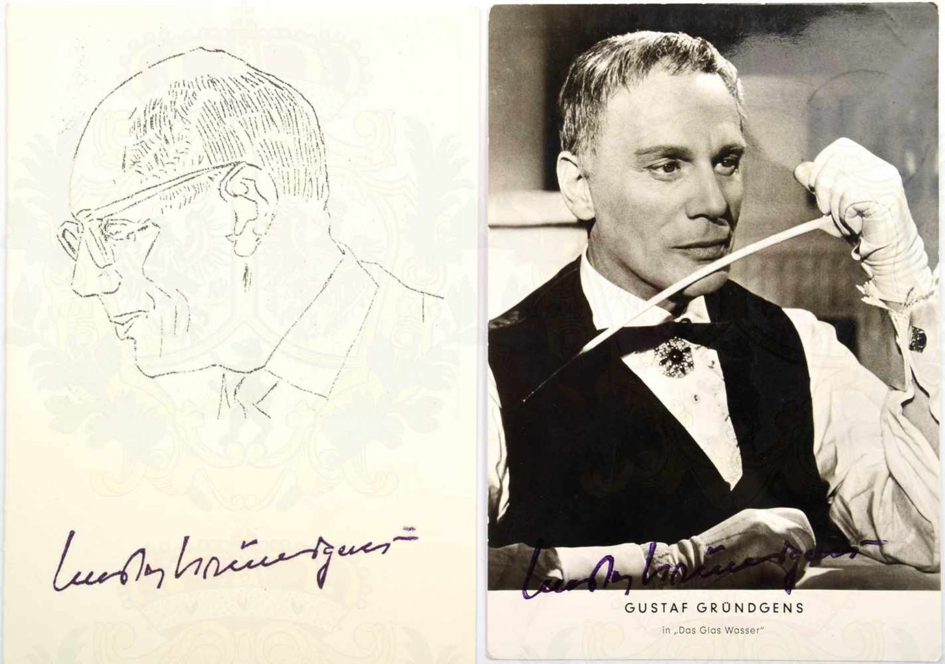 GRÜNDGENS, GUSTAV, (1899-1963), dt. Schauspieler u. Regisseur, 2 Tinten-OU auf Foto-AK (Filmszene v.