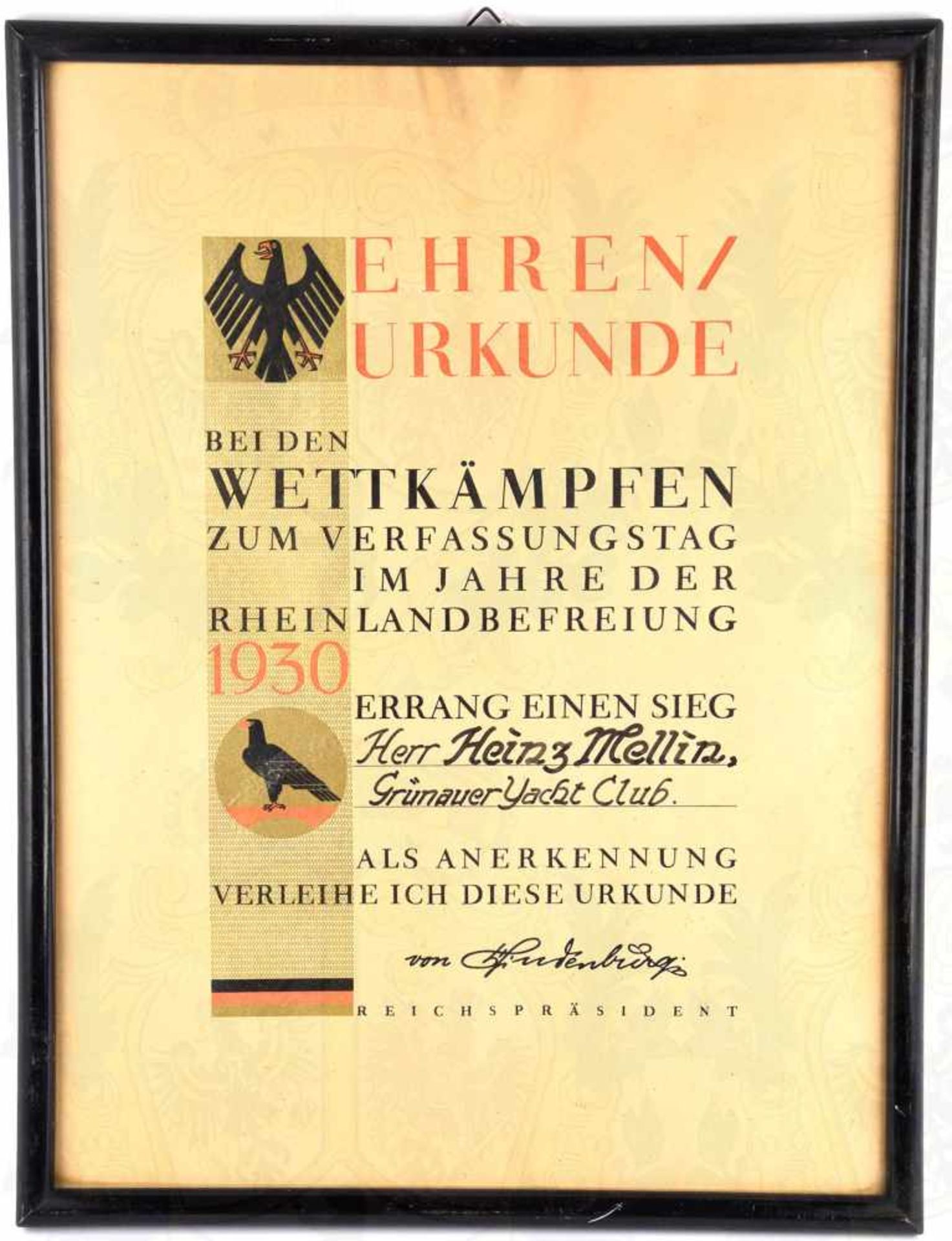 EHRENURKUNDE WETTKÄMPFE ZUM VERFASSUNGSTAG 1930, für einen Segler des Grünauer Yacht-Clubs (Berlin),