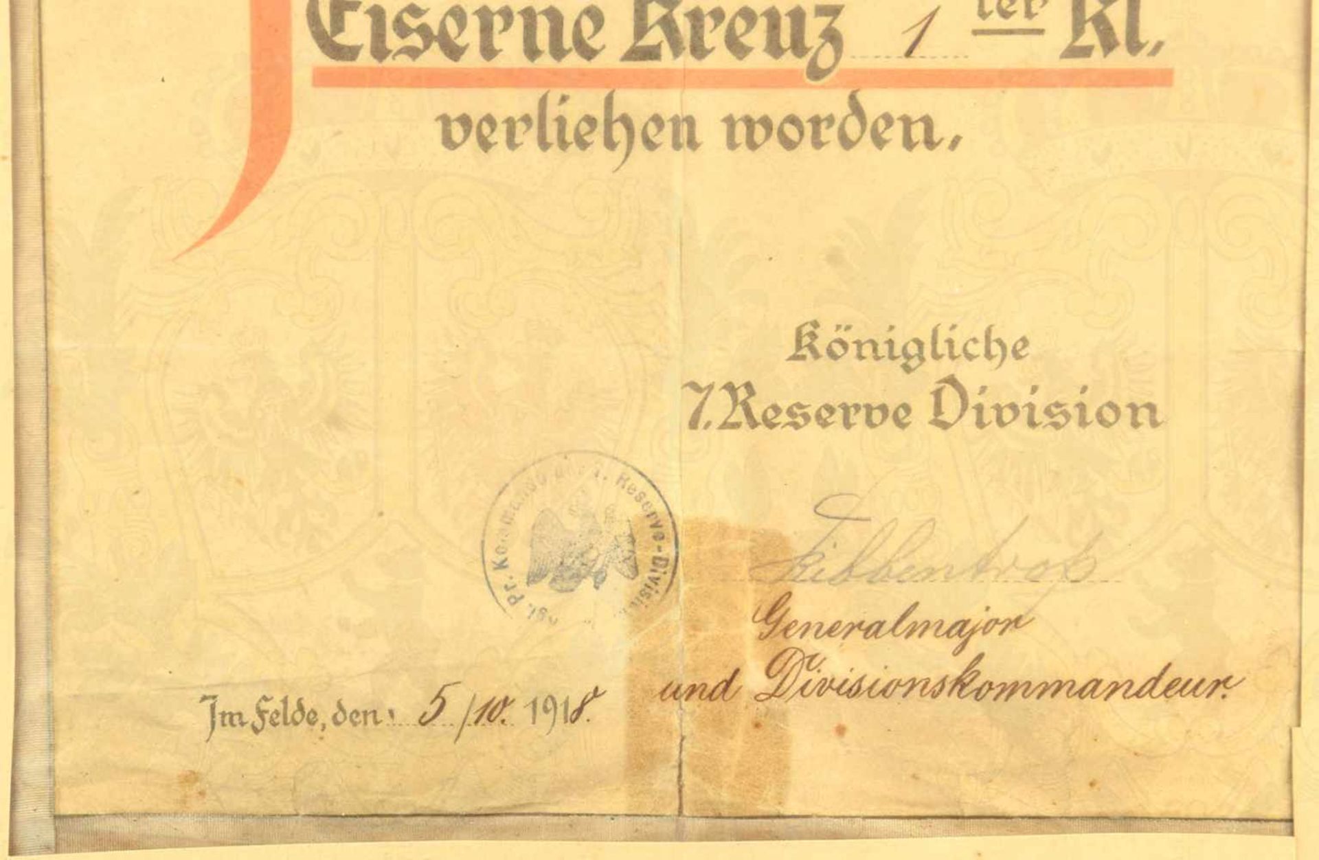 VERLEIHUNGSURKUNDE EK I 1914, für e. Leutnant d.R. der 7. Res.-Div., Schmuckblatt m. s/w/r - Bild 2 aus 2