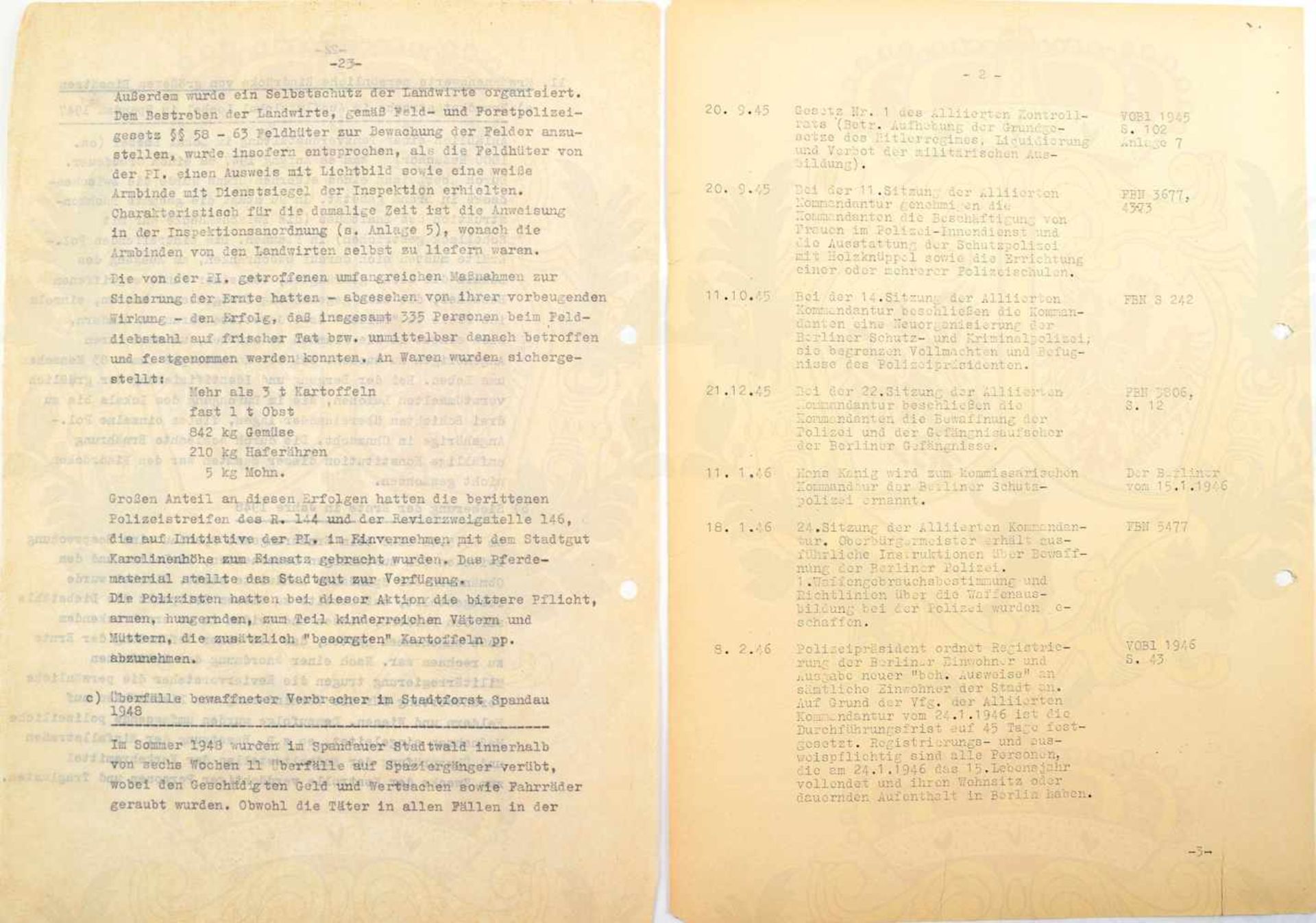 GESCHICHTE DER POLIZEI BERLINS, 120 Typoskript-Seiten, 1957-1959 u. um 1975, davon 55 S. zu - Bild 2 aus 2
