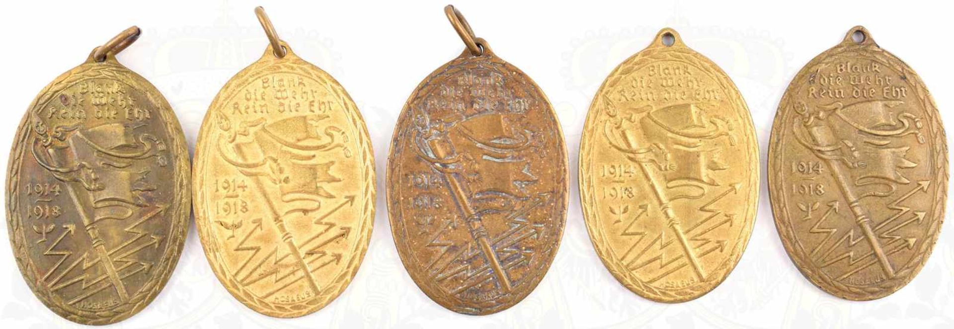 5 KYFFHÄUSER-DENKMÜNZEN 1914-1918, Bronze, Vergld. tls. vergangen, Bänder u. 2 Bandringösen fehlen