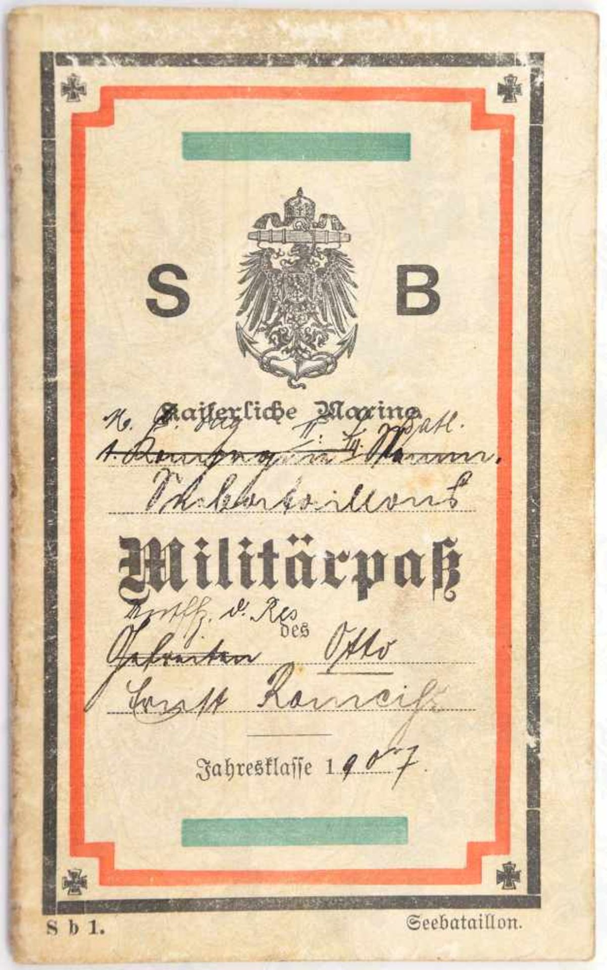 MILITÄRPASS GEFREITER, III. Seebataillon Kiautschou 1908-1910, Schützenabz. 1909, Transport a.