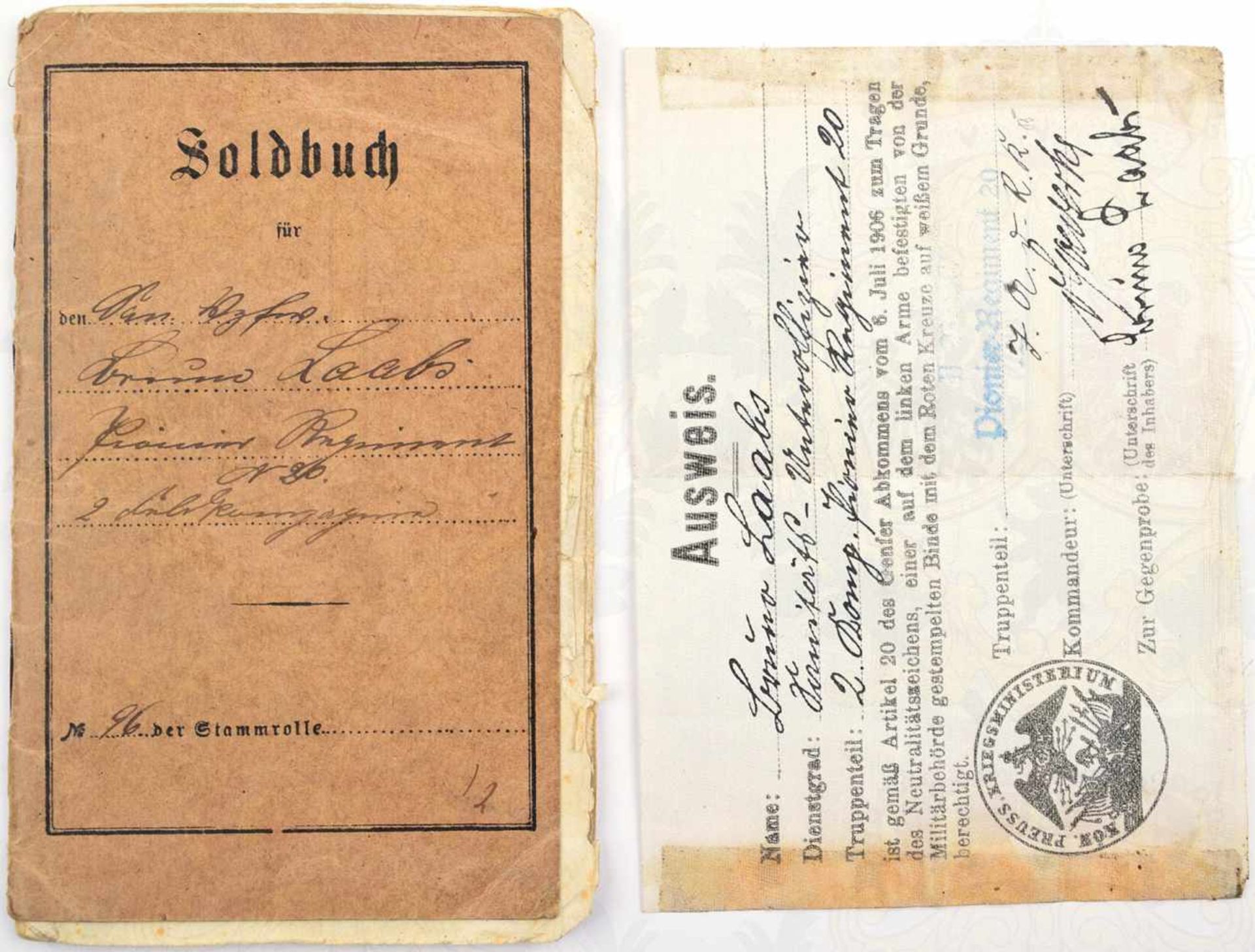 SOLDBUCH SANITÄTS-VIZEFELDWEBEL, v. Pommerschen Pionier-Rgt. Nr. 20, zahlr. Eintr. 1914-1919, auch