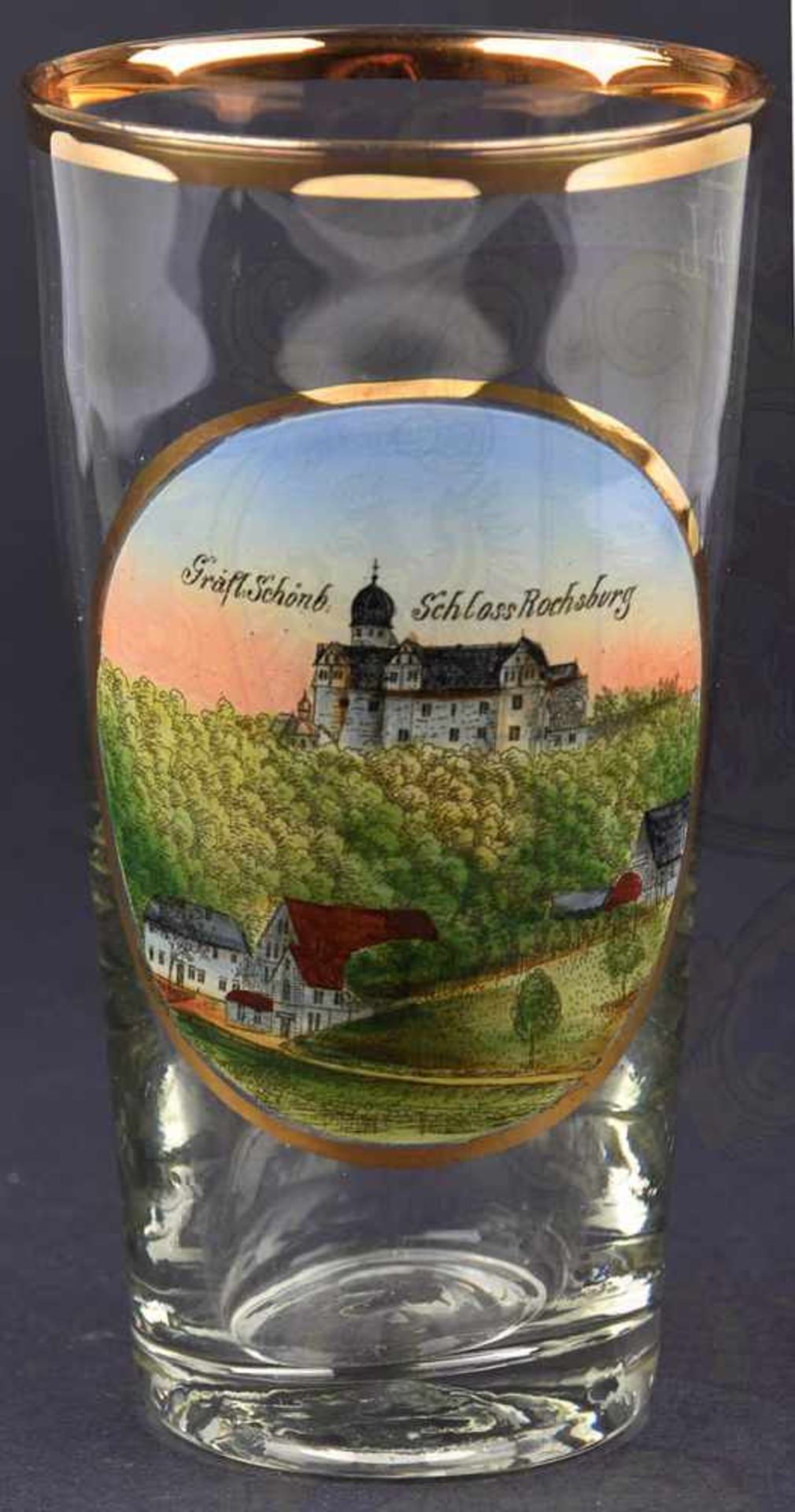 BIERGLAS GRÄFLICH SCHÖNBURGER SCHLOß ROCHSBERG, 1/4 L., m. Golddekor u. farb. Ansicht in