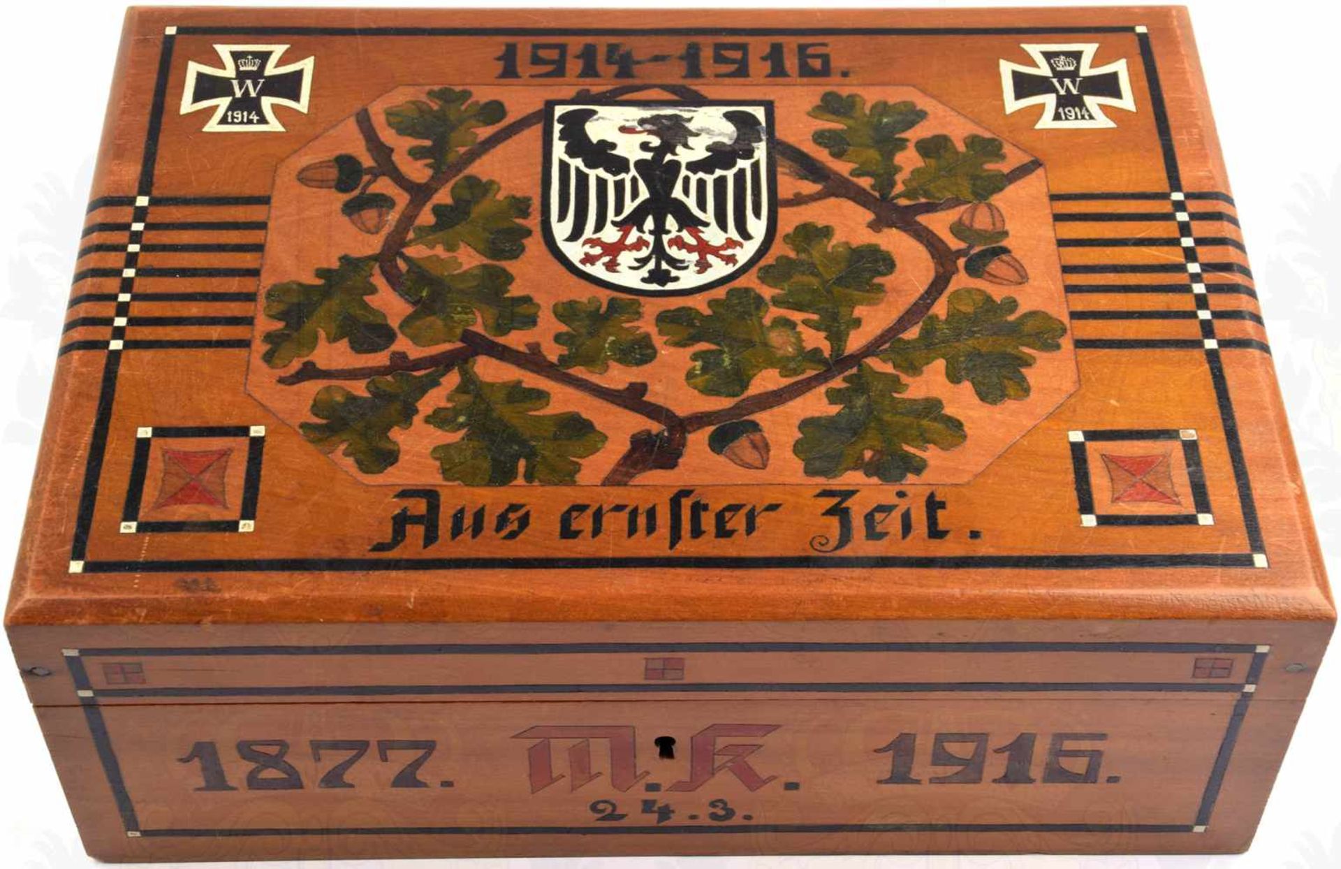 PATRIOTISCHE SCHATULLE, Holz, Deckel m. Intarsien, 2 EK 1914, Adler im Wappenschild u. Eichenbrüche,